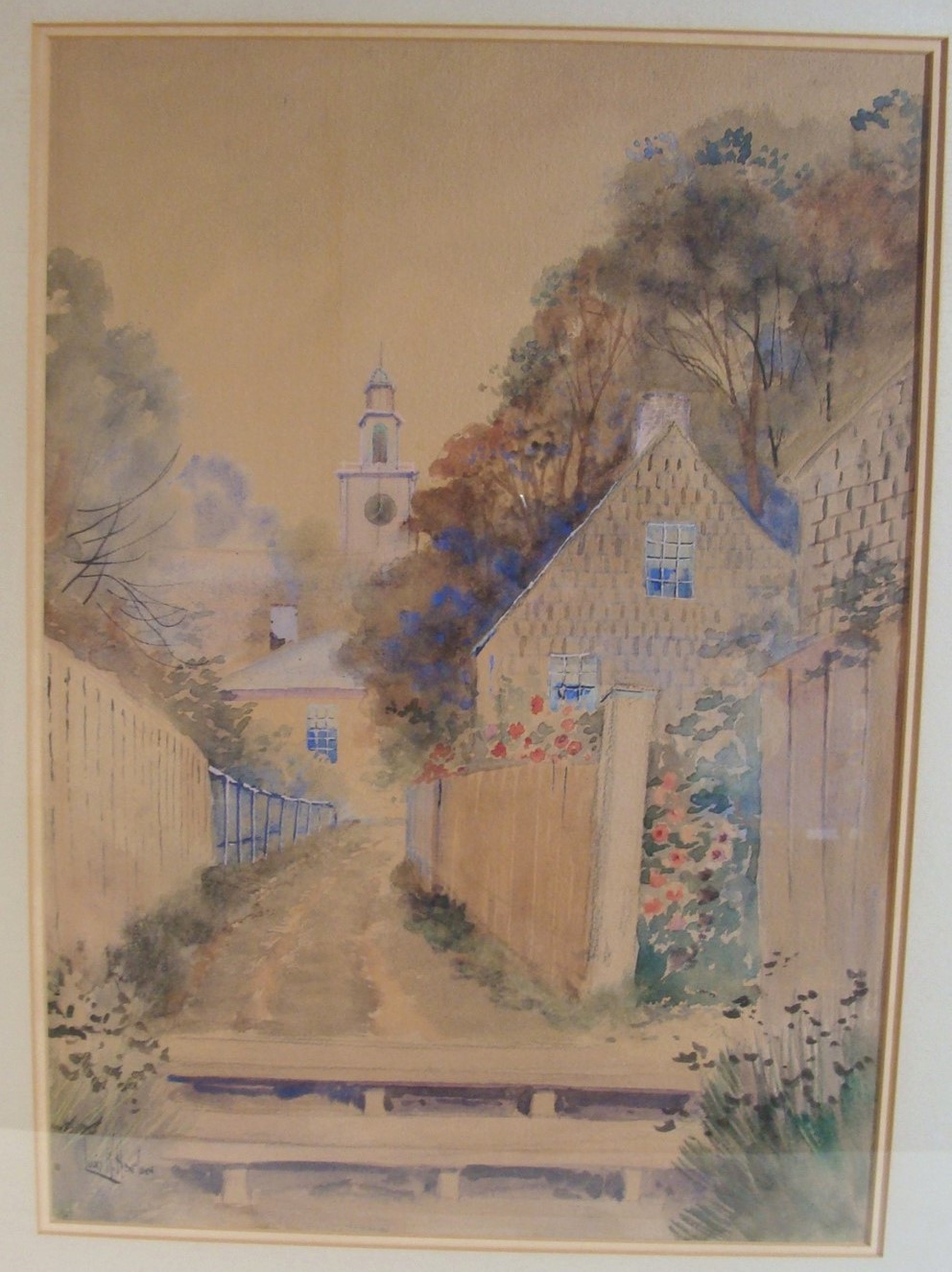 Antique 19C Louis K Harlow Marth’a Vinyard Cityscape W/C Painting