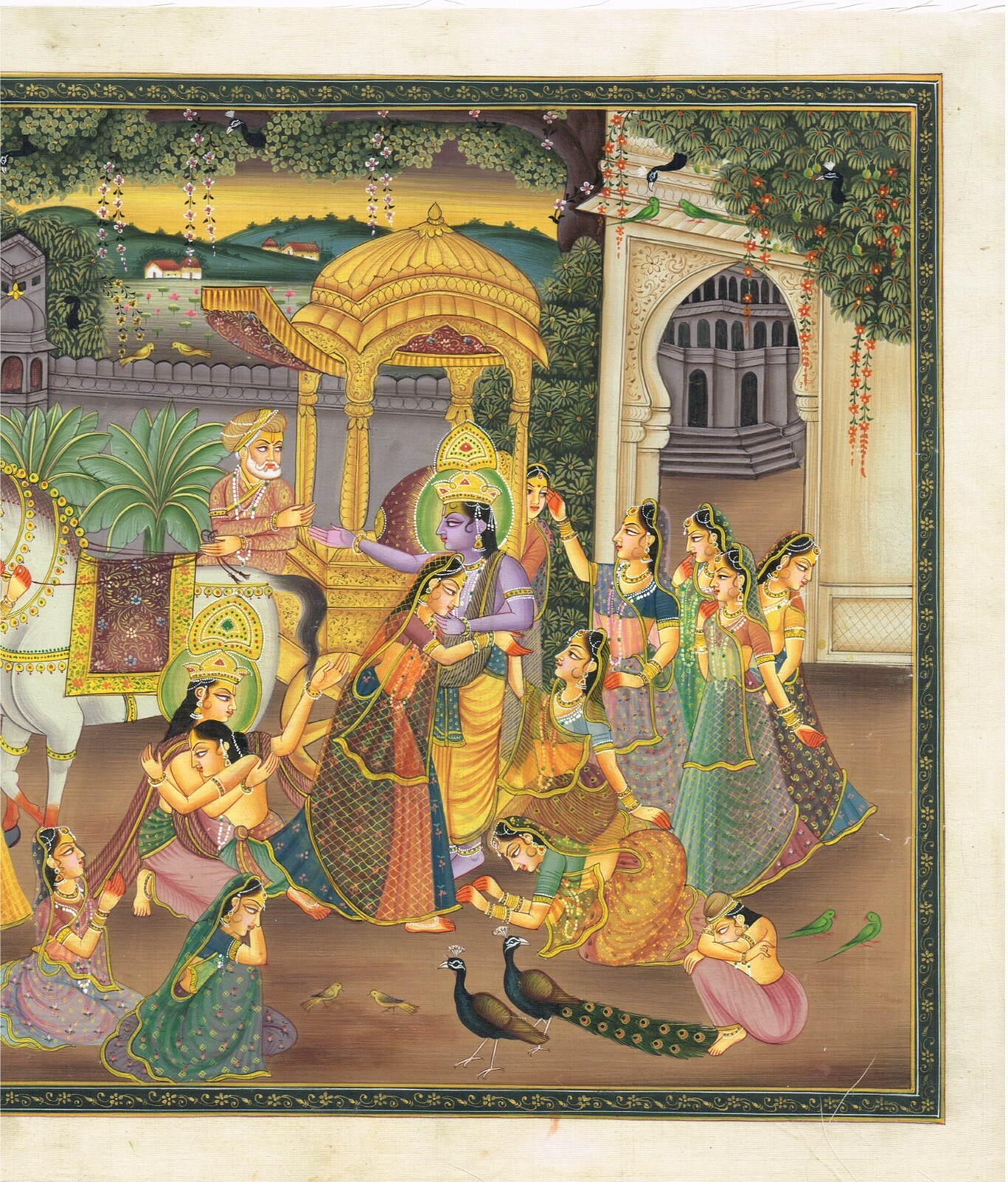 Radha Krishna Painting Of Krishna Left Vrindavan On Silk Cloth 17.5×13.5 Inches