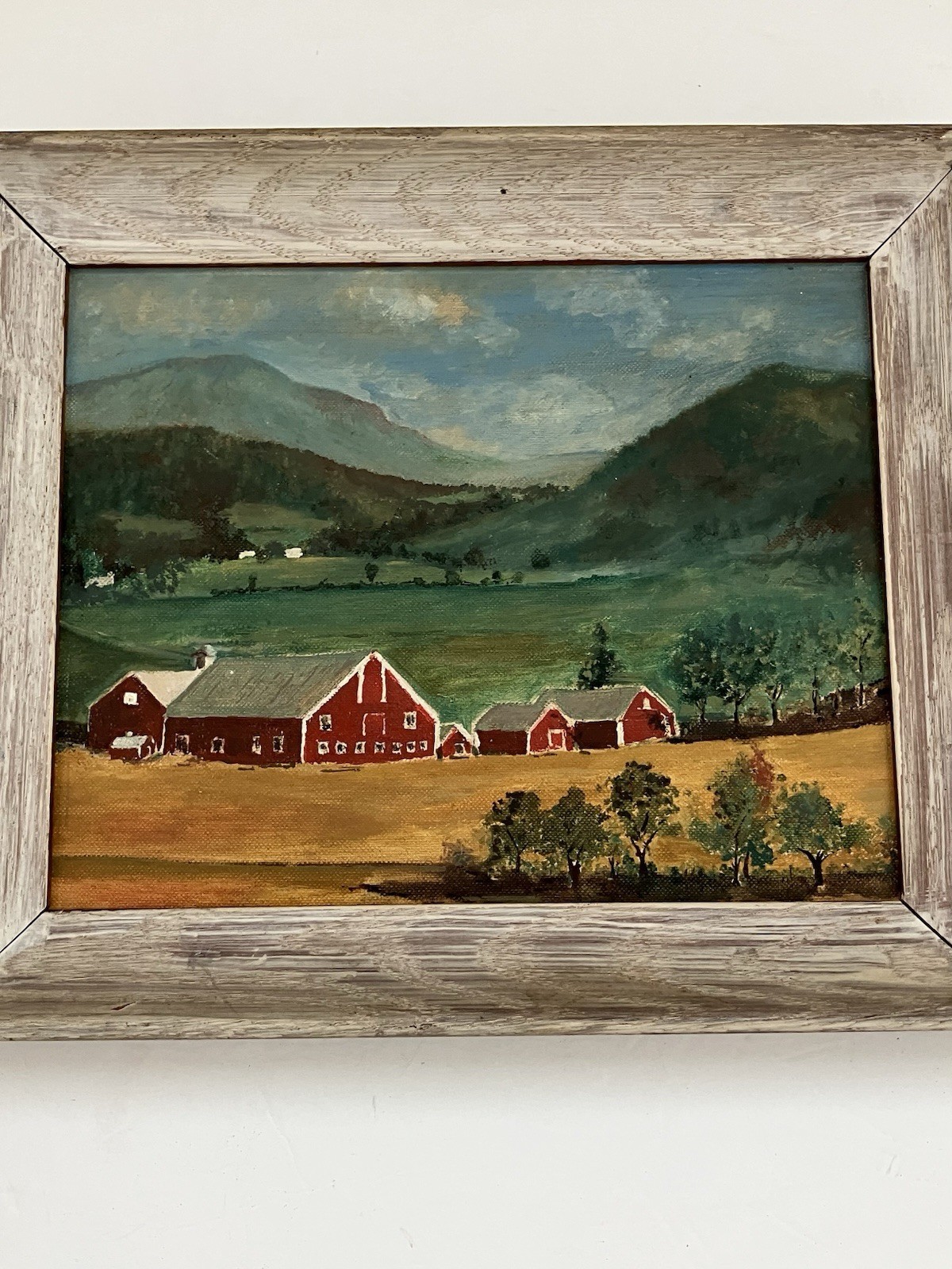 Vintage 50s Framed Primitive Folk Art Farm Barn Landscape Oil Painting 10×13