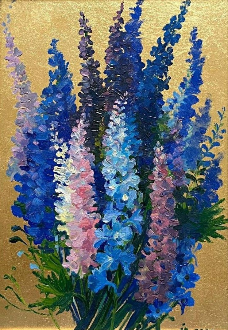 art 350 originalpainting 30×21 cm oil on cardboard potal delphiniums still life