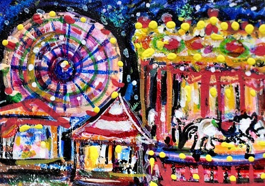 ORIGINAL ACEO Painting CARNIVAL Fair Amusement Park Fireworks Rides Fun ATC ART