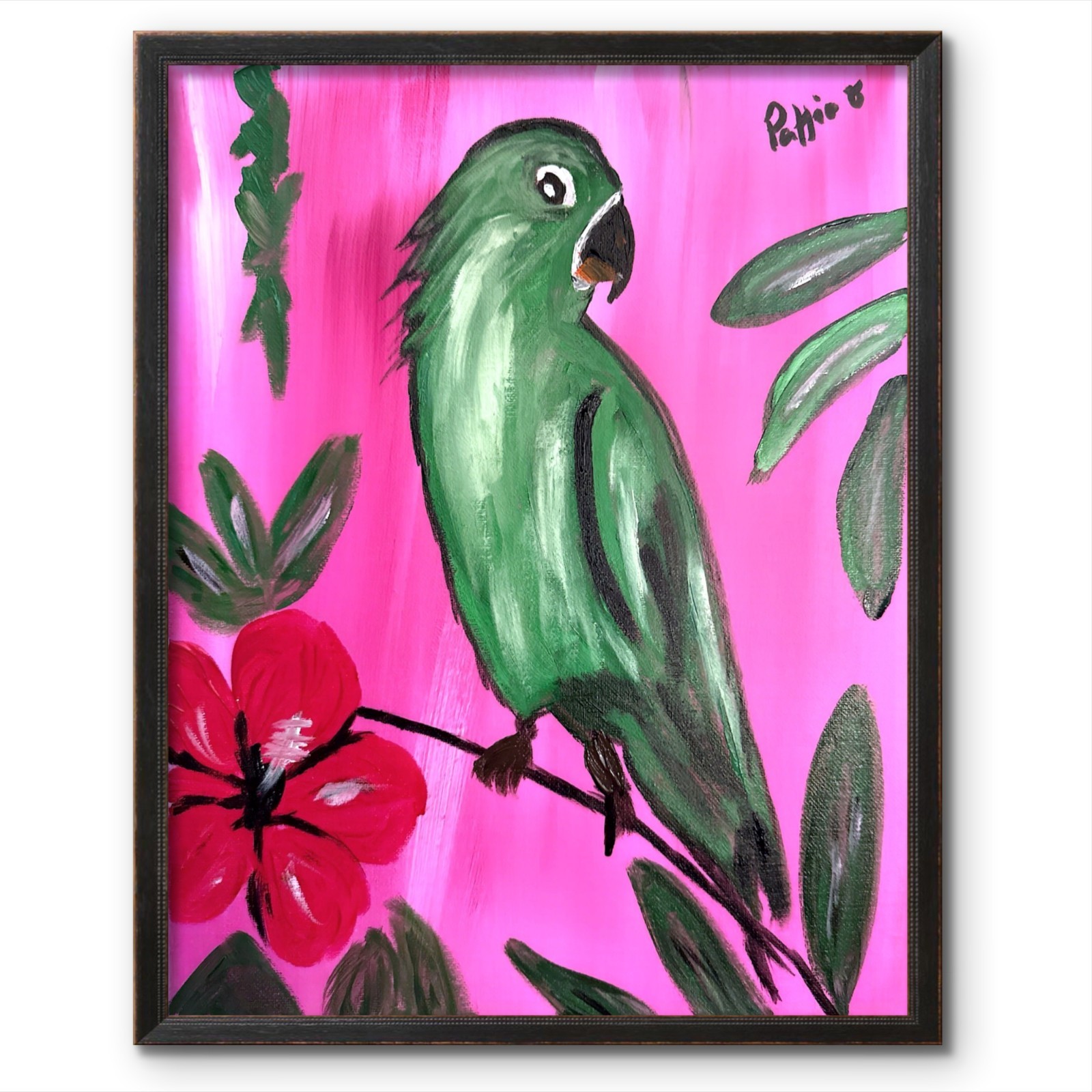 Parrot Bird Painting 14×11 Tropical Folk Art Canvas Signed Home Wall Decor