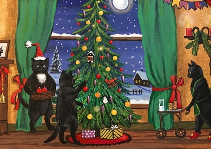 5×7 XMAS PRINT OF PAINTING ART RYTA BLACK TUXEDO CAT WINTER LANDSCAPE SANTA tree