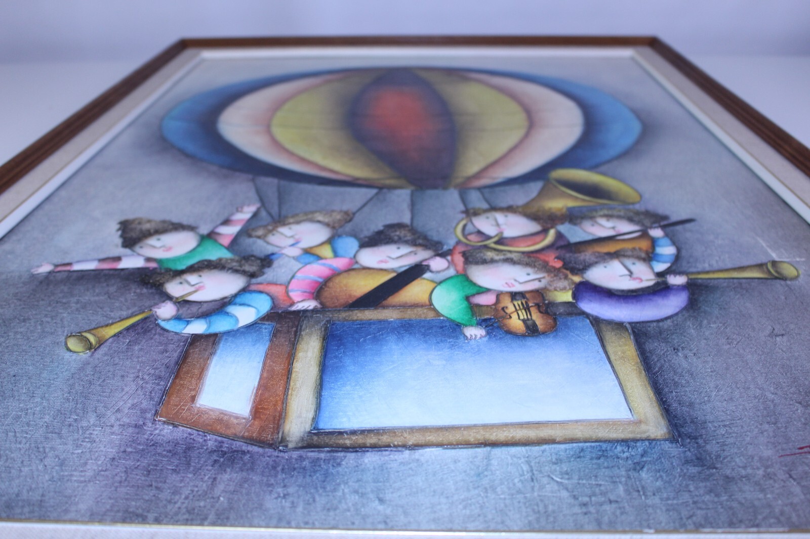 Joyce Roybal Oil Canvas Art Signed Framed Musicians Hot Air Balloon Whimsical NY