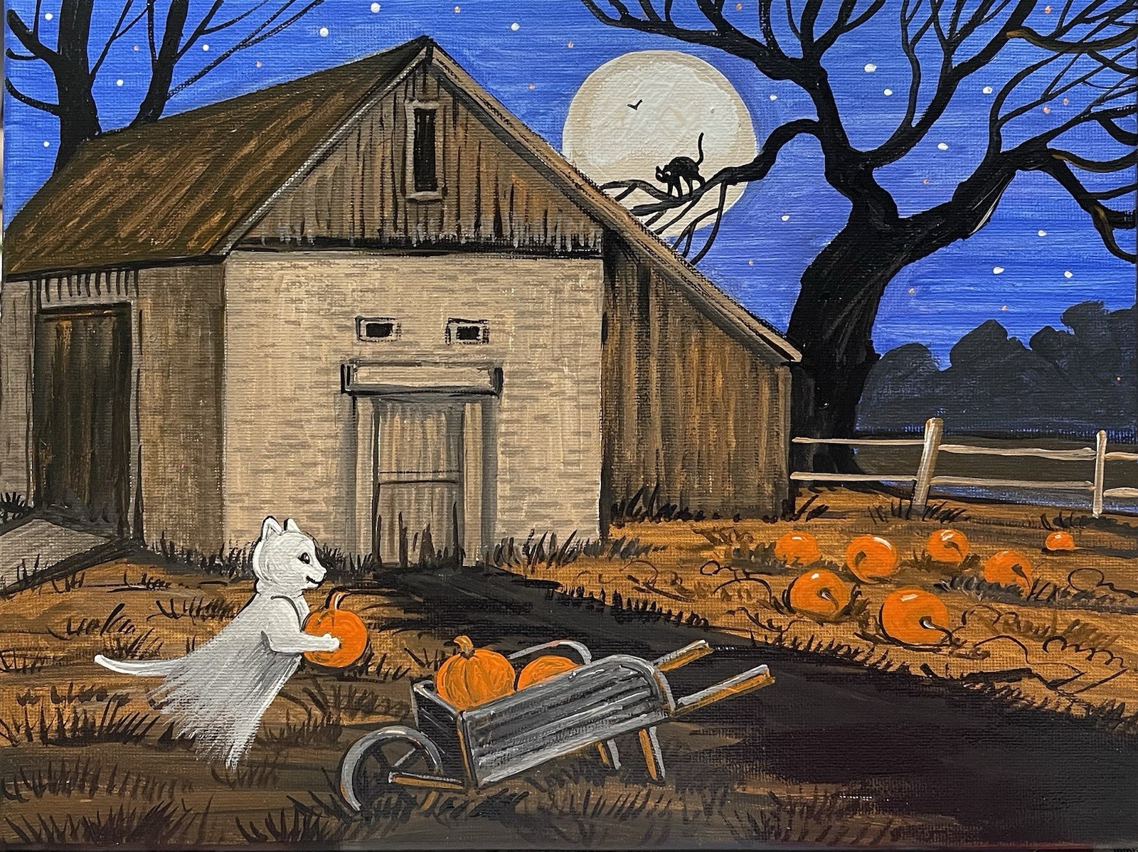 ACEO print of painting RYTA Halloween Folk Art Black Cat Pumpkin Farm Ghost Barn