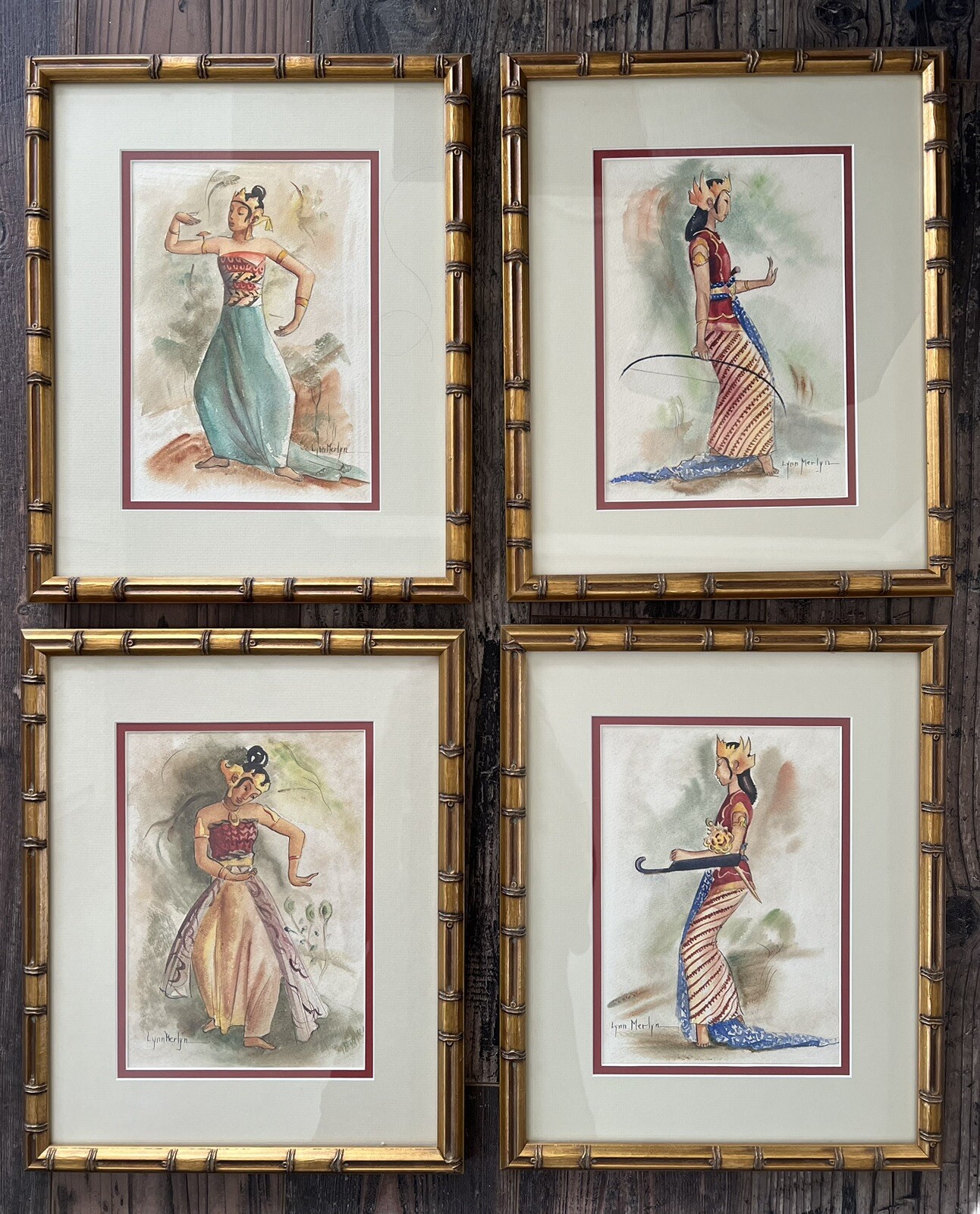 Vintage Asian Thai Indonesian Dancer Girl Paintings Signed Lynn Merlyn, Set Of 4