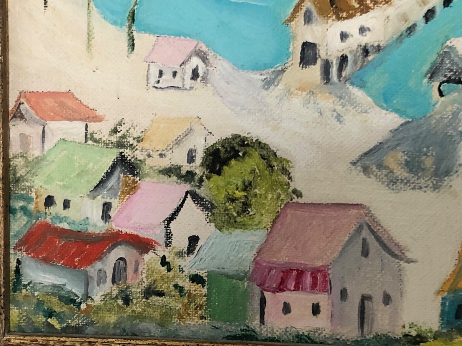 Coastal small town Painting signed by Marcy – framed in good condtion dated 1970