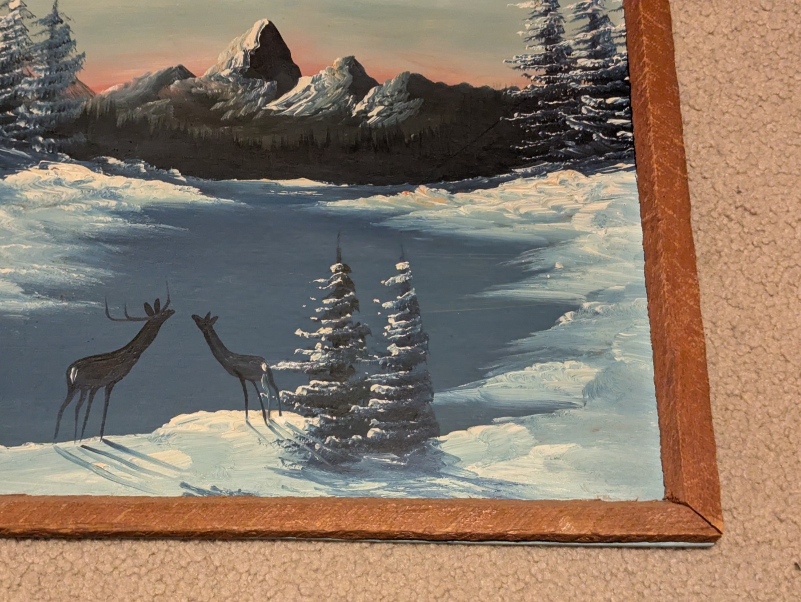 Vtg Primitive Rustic Frame With Painting Deer Winter Scene On Frozen Pond
