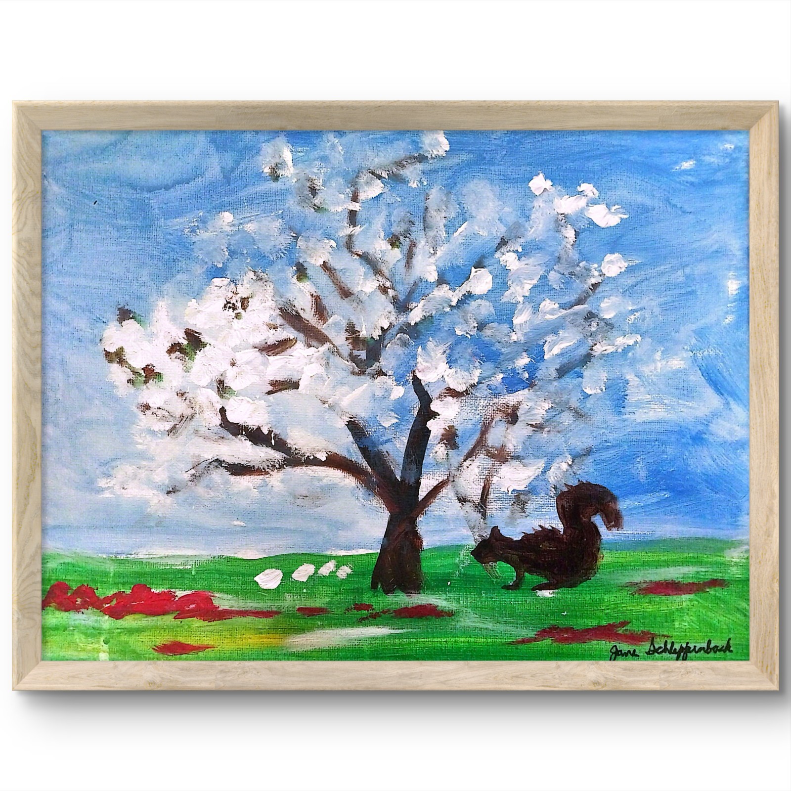 Cherry Tree Squirrel Modern Original Signed Wall Art Canvas Acrylic 11×14 BACH