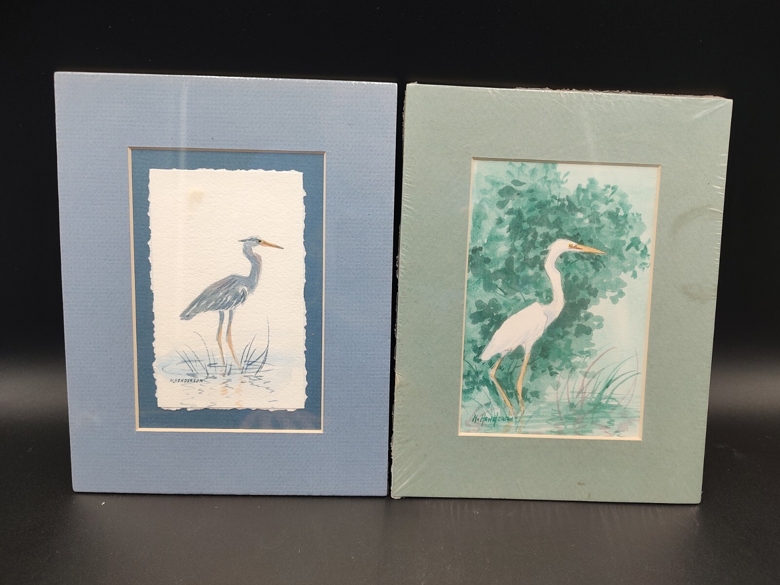 2 Small Watercolors On Paper By M. Henderson Blue And Emerald Heron Art Birds