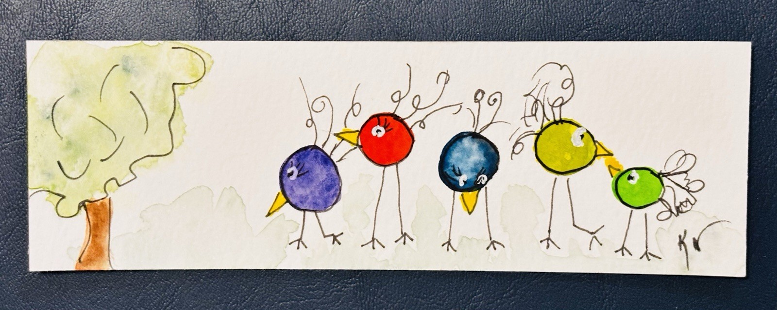 Karen Neilson Watercolor Signed Original bookmark. Whimsical birds.