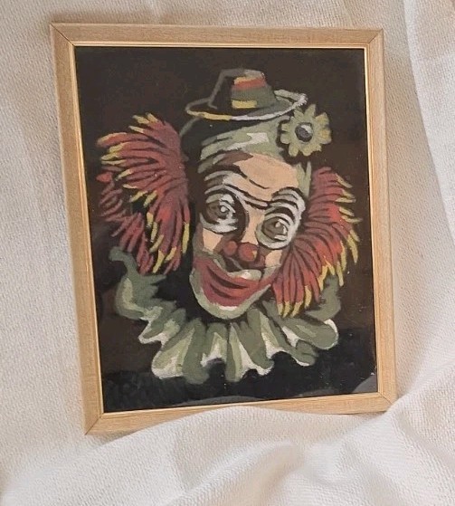 Vtg 1970s Velvet Clown Painting Framed Art Mid‑Century 8×10″