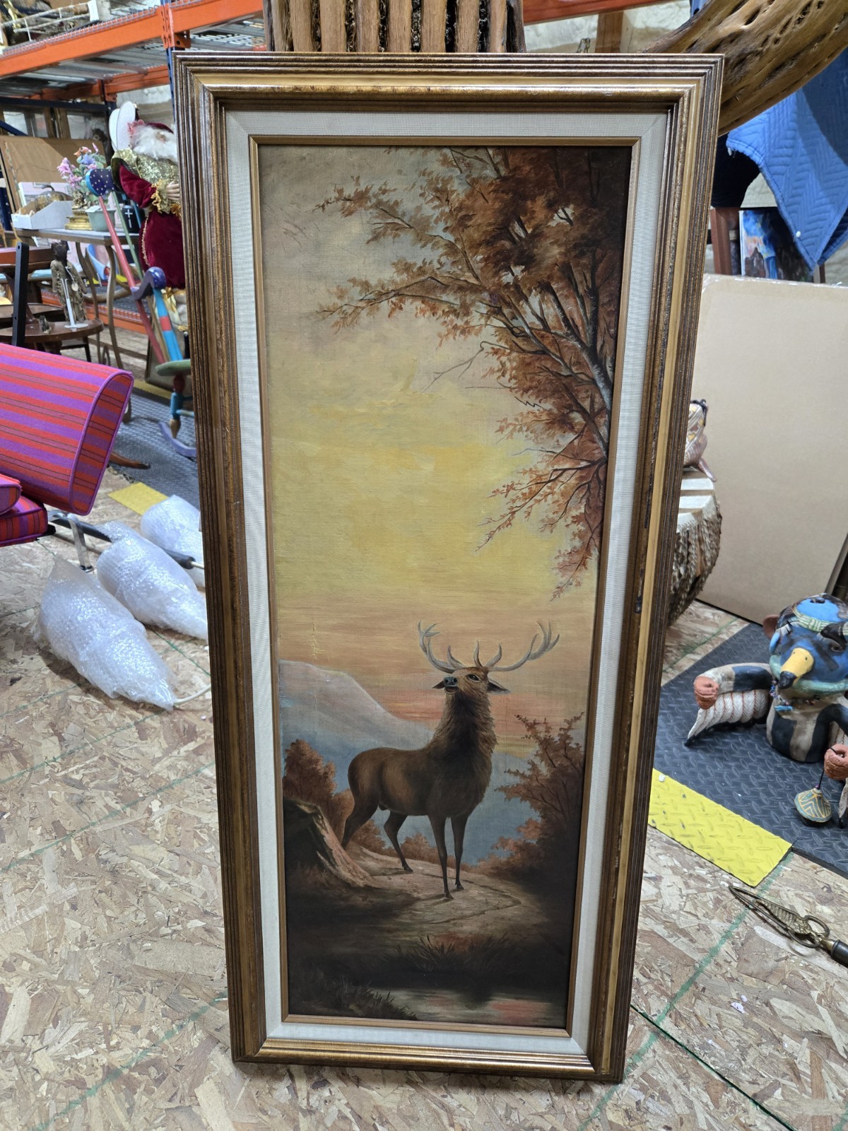 American Oil on Canvas ‘Bugling Elk at Sunset’ Early 20th Century Folk Art
