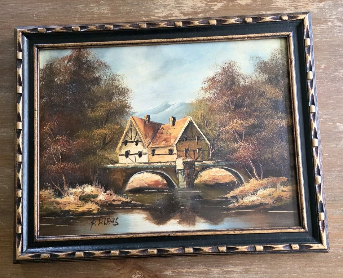 Vintage P Klaus Oil Painting on Board Landscape Scene Building Mountains Bridge