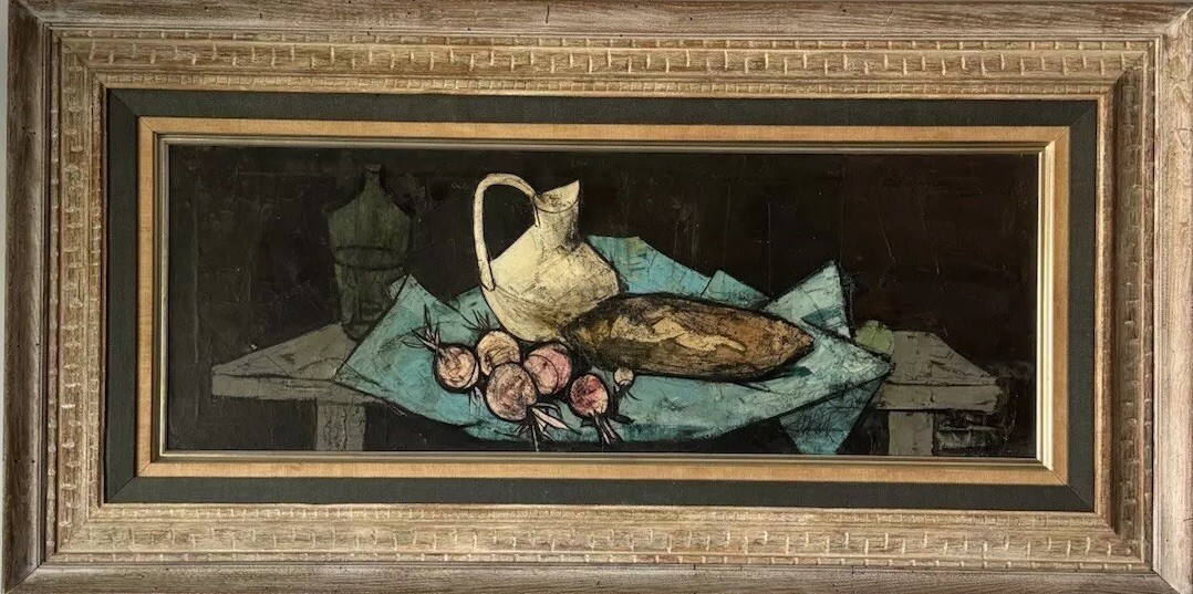 LARGE CHARLES LEVIER FRENCH ANTIQUE MODERN STILL LIFE ABSTRACT OIL PAINTING 1959