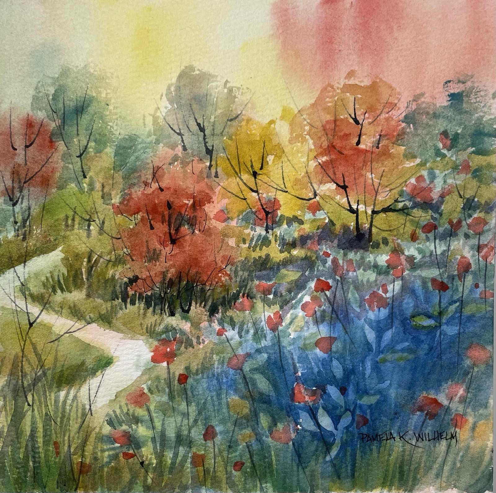 Pamela Wilhelm original Watercolor 7×7” Red Yellow Green Blue Hillside Garden