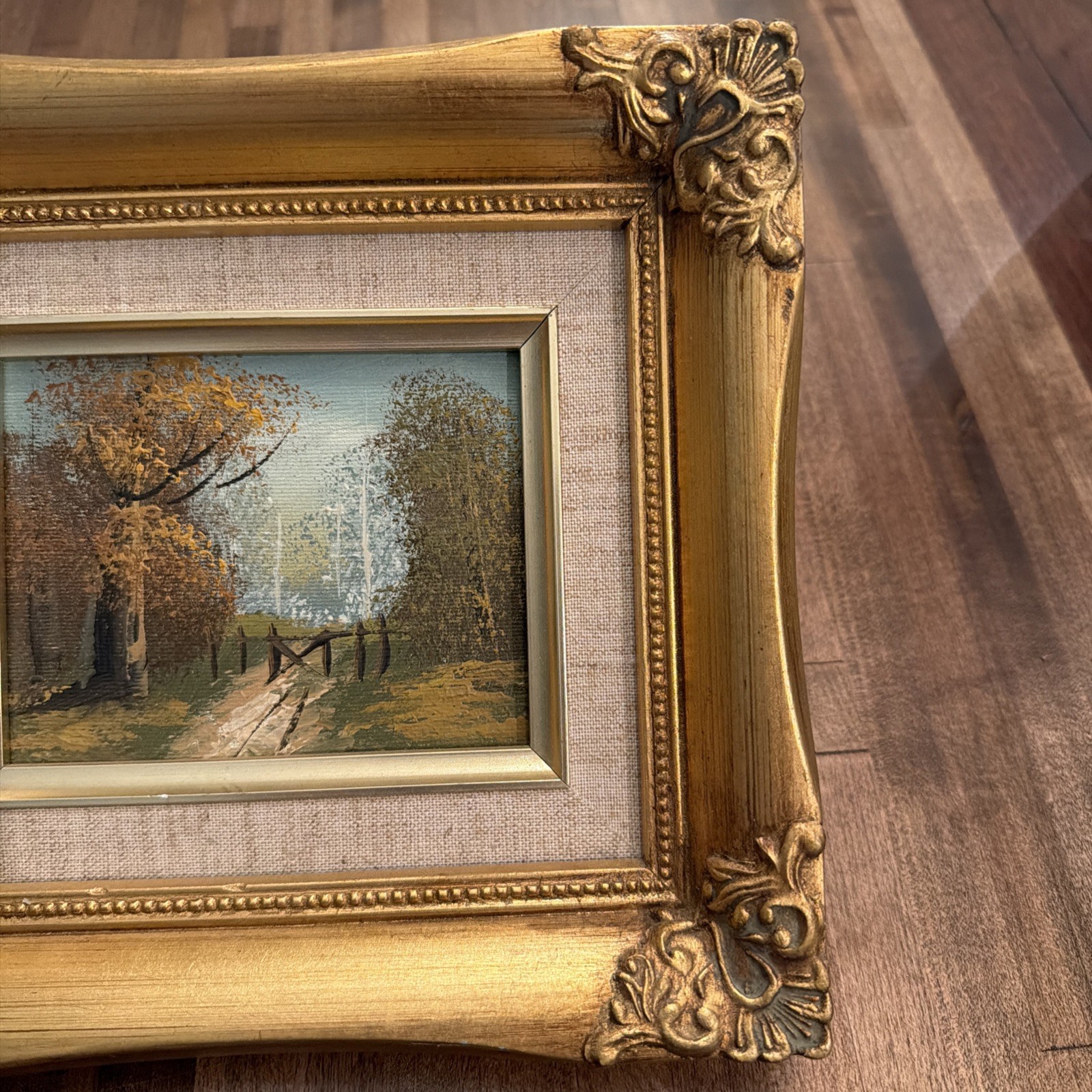 Miniature Fall Hand painted oil Landscape Gold gilded wood frame Linen Mat