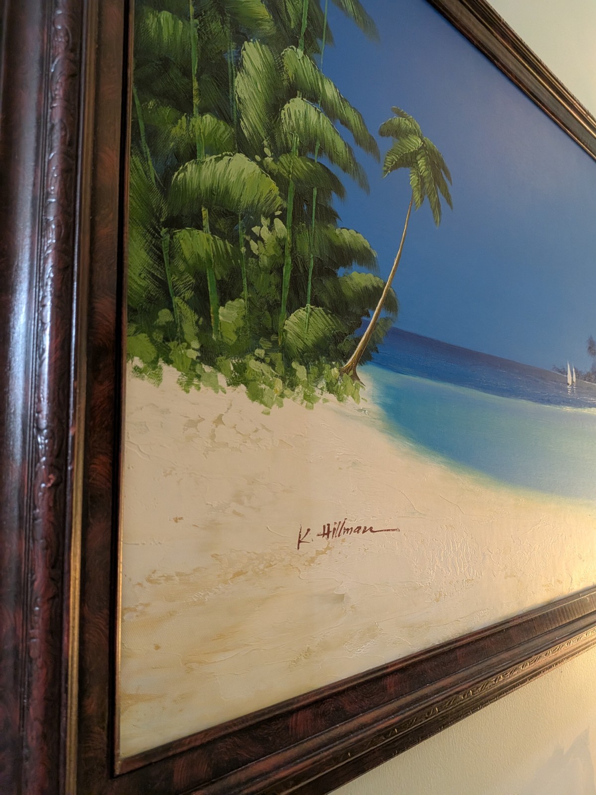K. Hillman Original Beach Oil Painting On Canvas Signed Framed Frame: 41″ x 29″