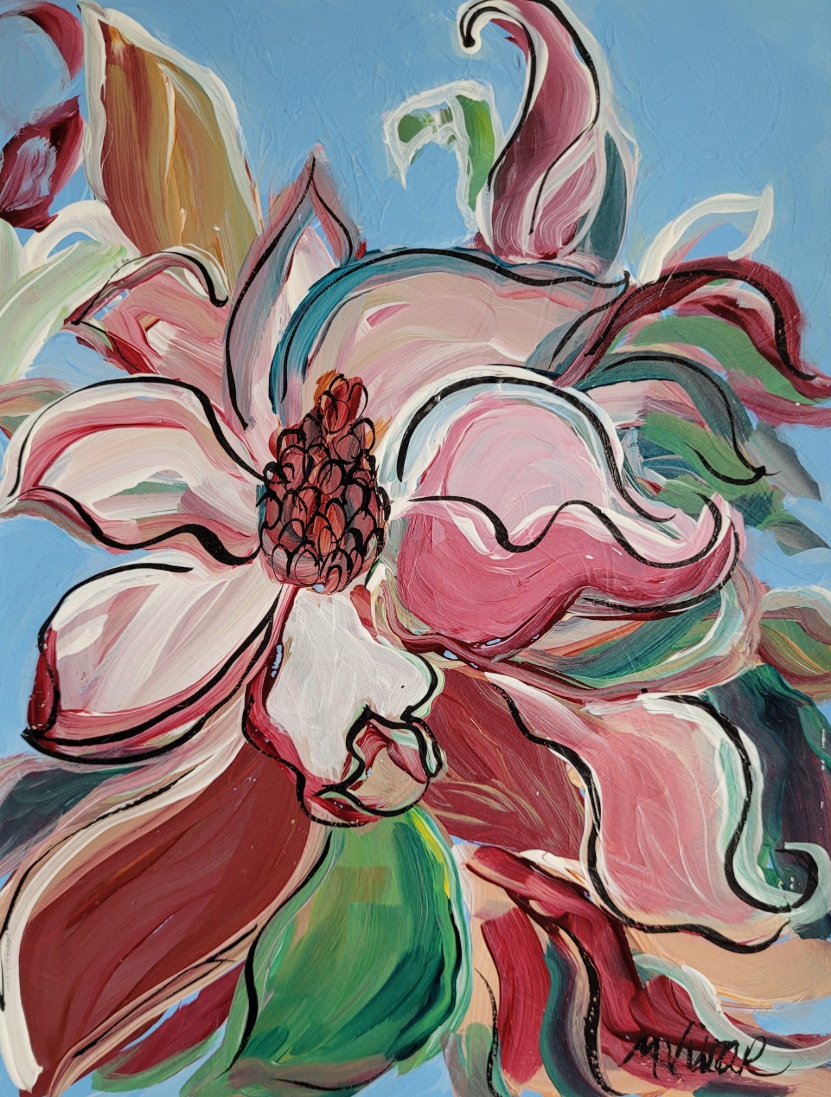 MONA VIVAR 12×9 Abstract Contemporary Magnolia Flower Bloom Art Painting