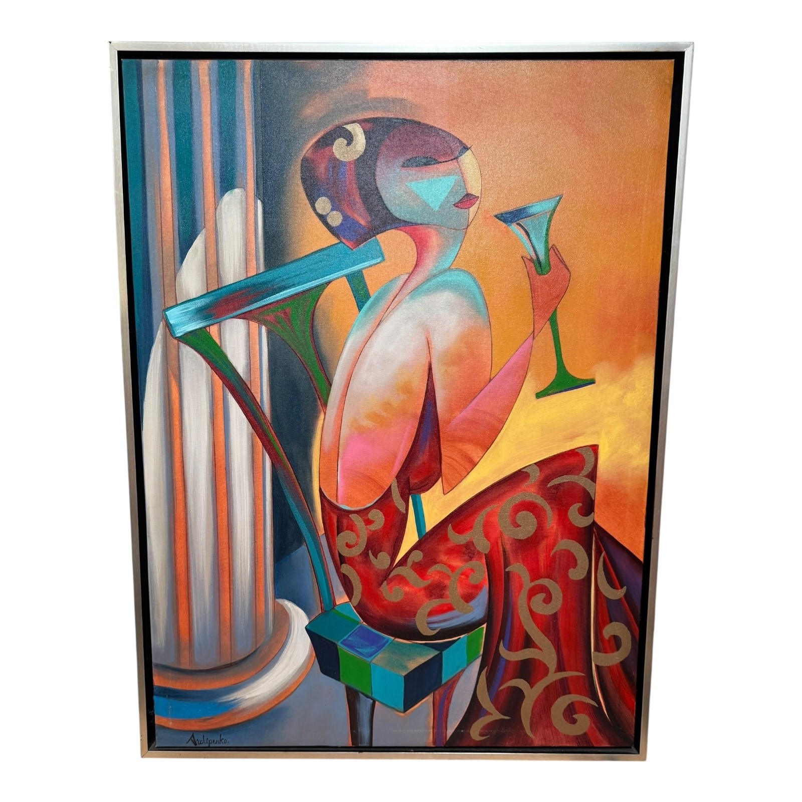 Oil on Canvas Lady Sitting with Glass of Wine Signed Archipenko Framed