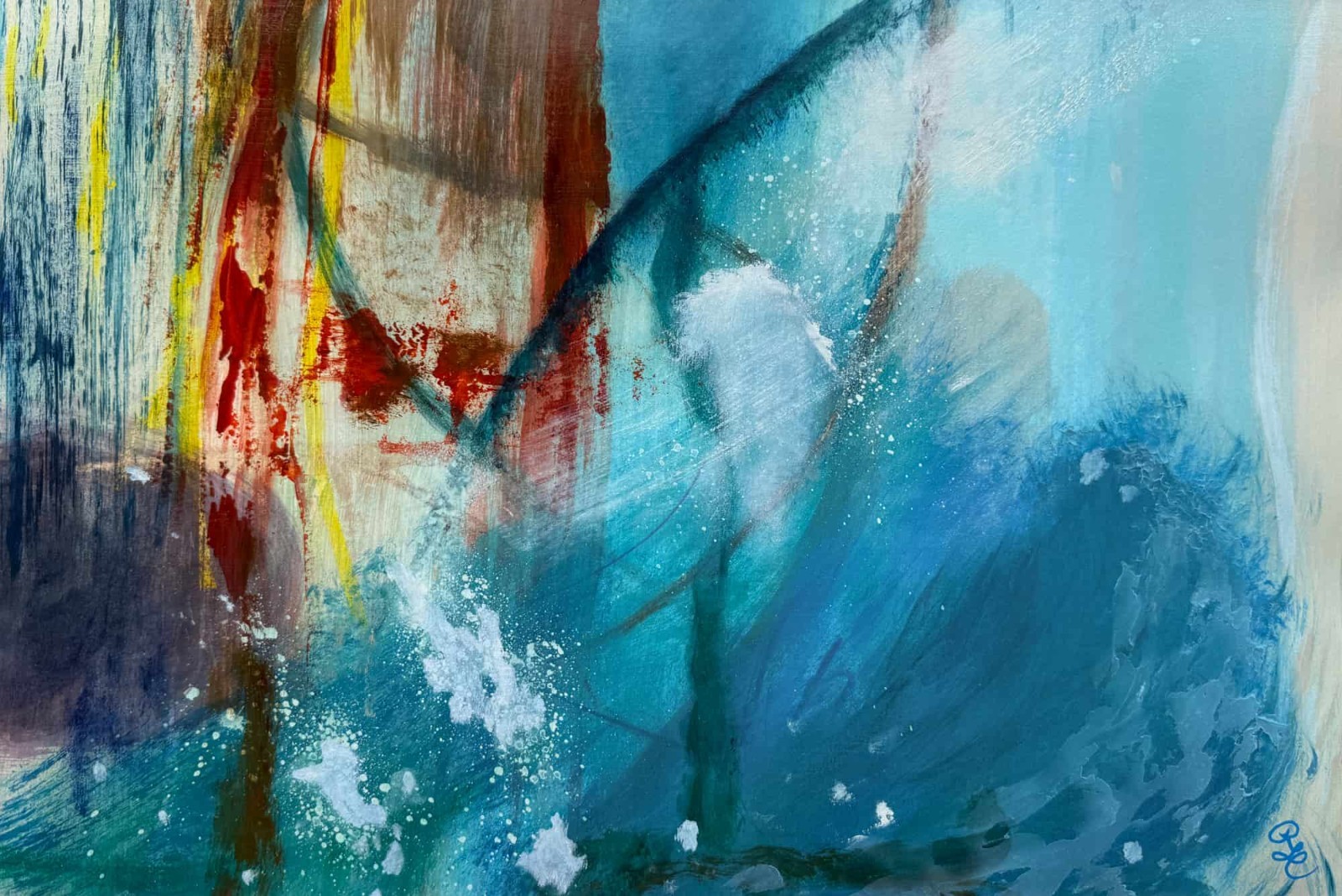 Blue Abstract Original Oil and Mixed Media Painting on Paper 18″x12″ Home Decor