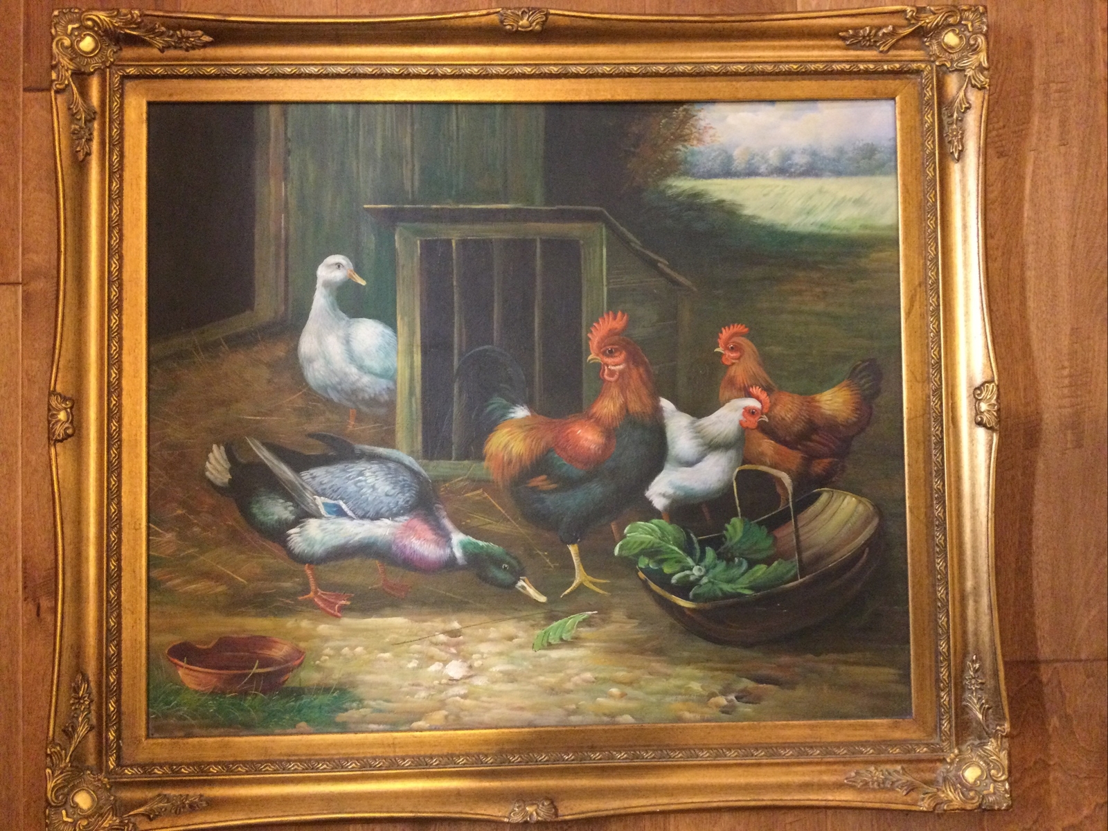 25×29” Acrylic painting handpainted on board «Roosters and Ducks” Wood Frame