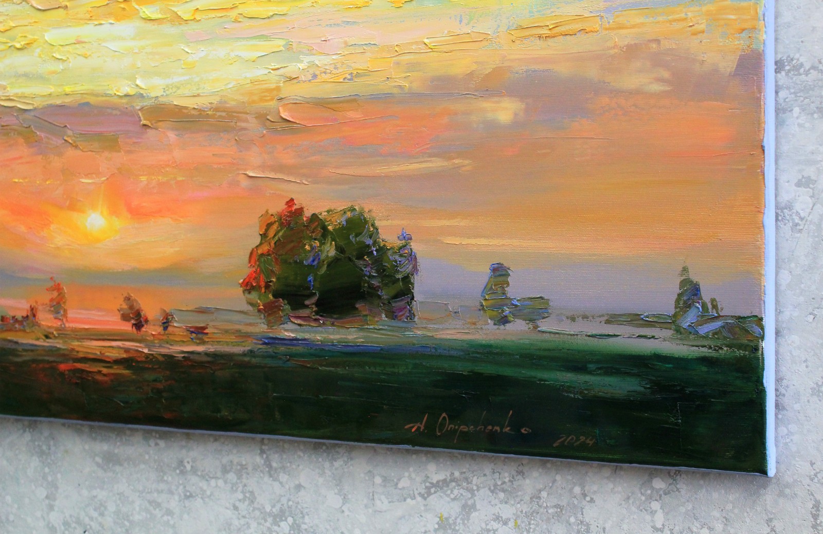 Sunset landscape IMPRESSIONISM original artwork Oil on canvas by A Onipchenko