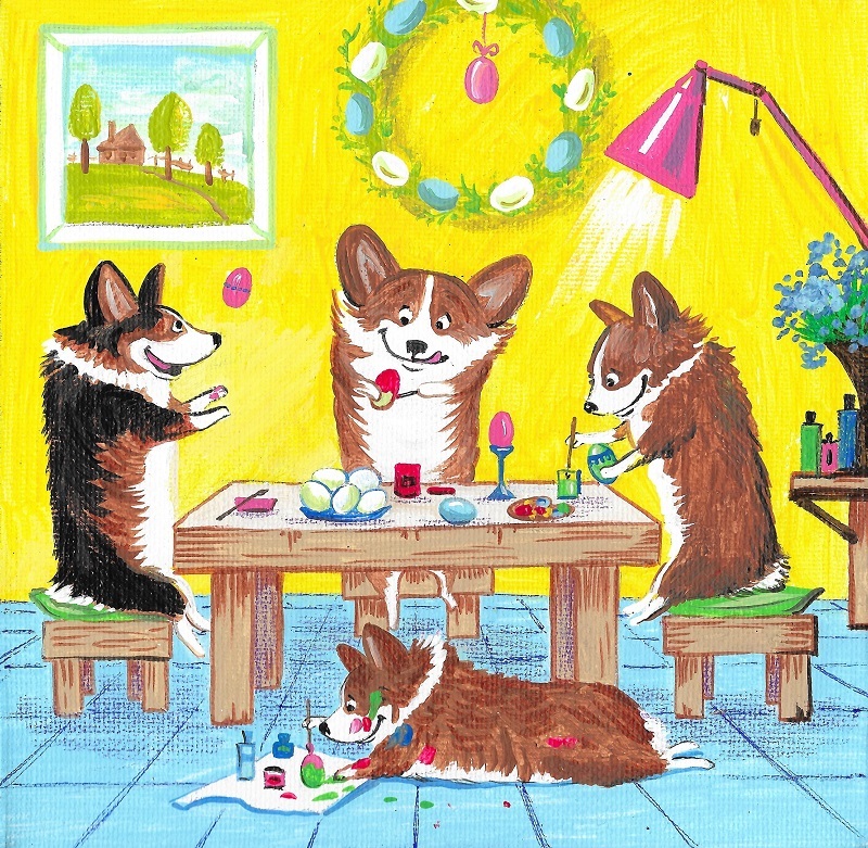 4X4 PRINT EASTER PAINTING RYTA PEMBROKE WELSH CORGI EGGS WHIMSICAL FOLK ART DOGS