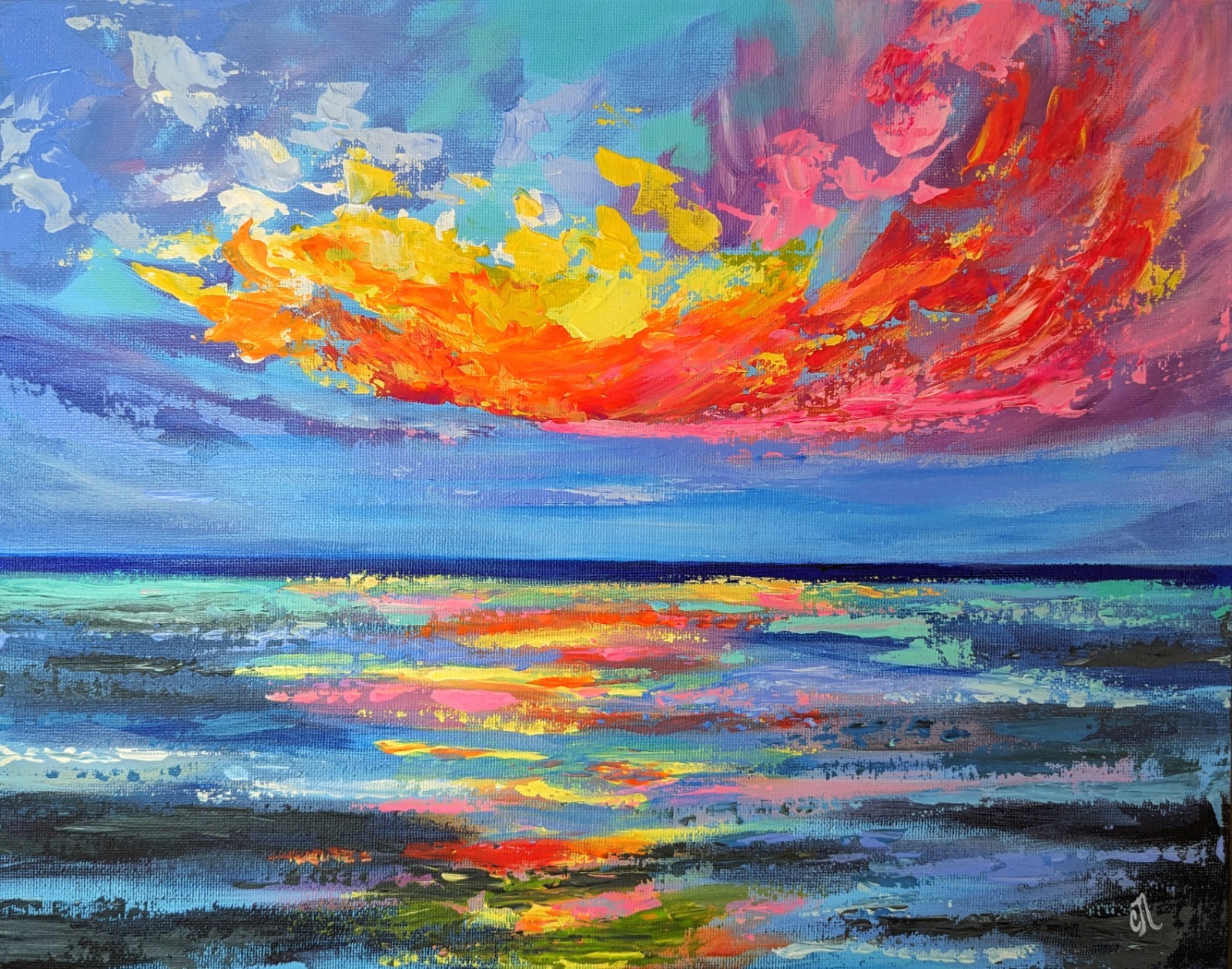 Sunset Beach Art. Original Painting on Canvas. Hand-Painted Ocean Seascape. 14″