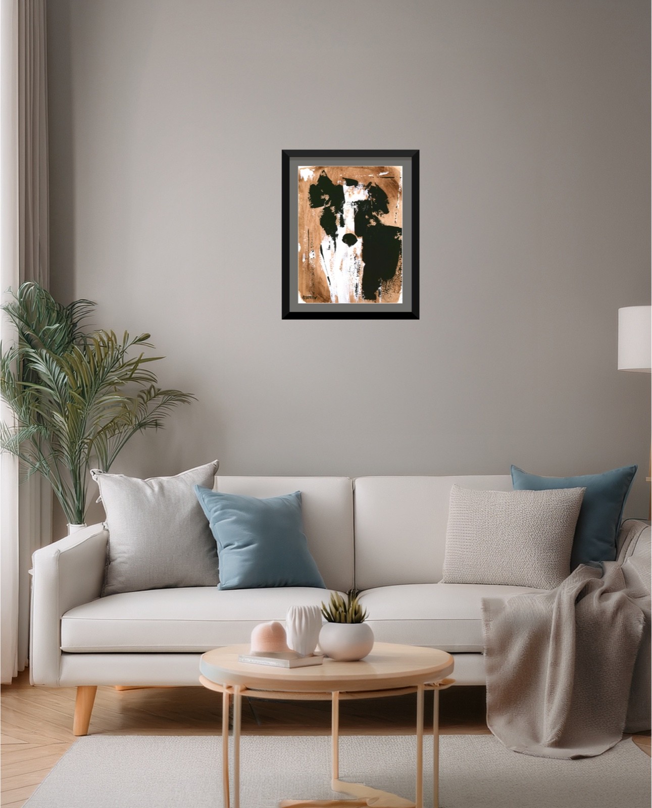 Original 9×12 Abstract Dog Portrait Painting Black & White Modern Art Texture