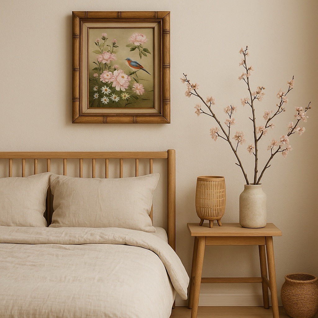 Kachō-ga Style Bird & Flower Painting | Bamboo Frame | Signed C. Johnson
