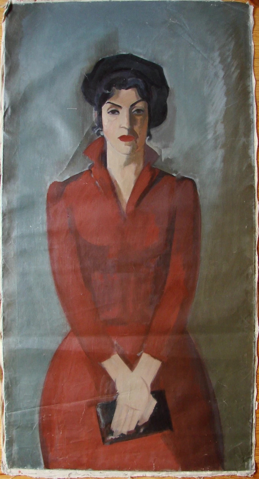 Ukrainian Soviet USSR Oil Painting avant-garde cubism female portrait red dress