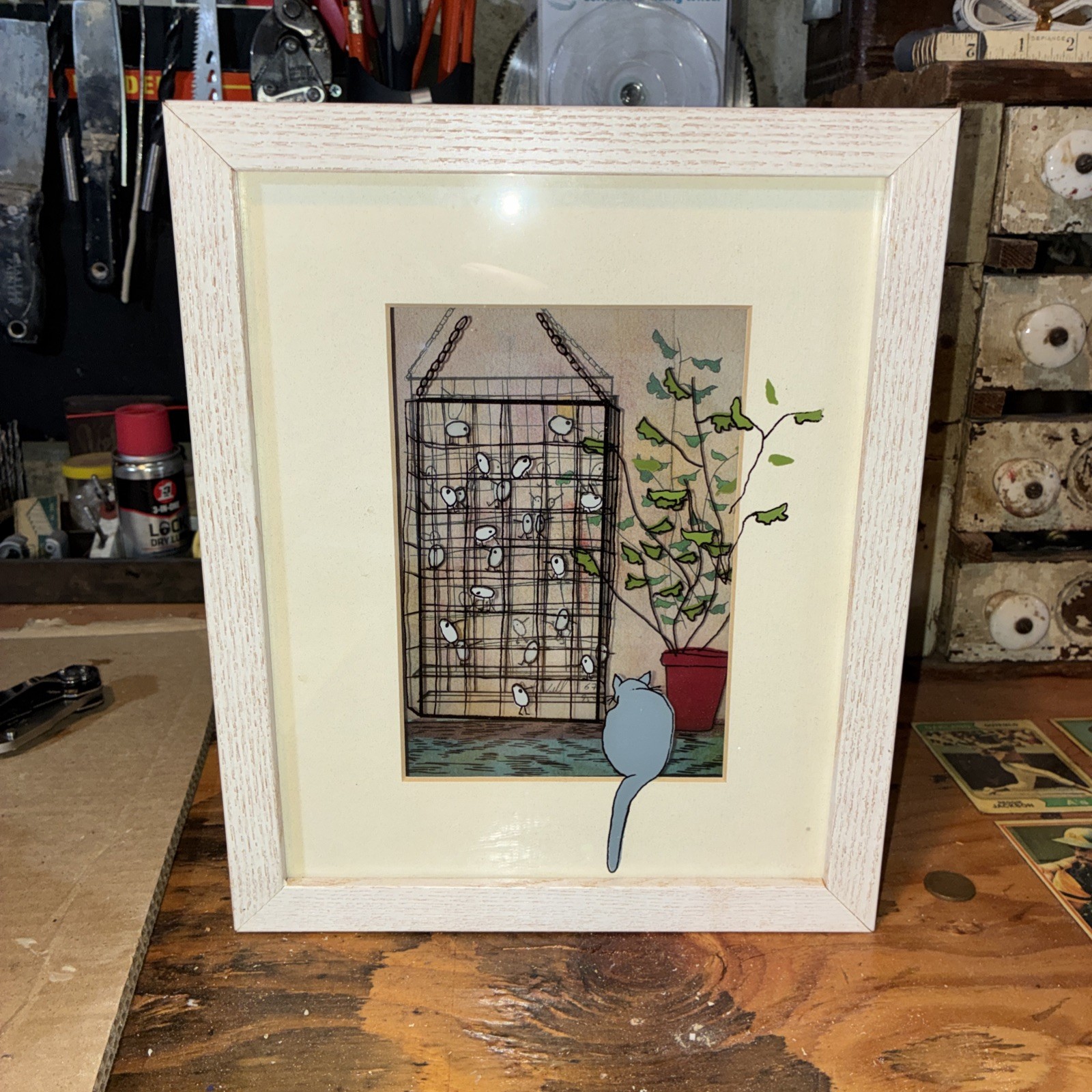 Cat 3D Painting On Glass Jean Pierre Weill Birds «Birdcage» Vitreography