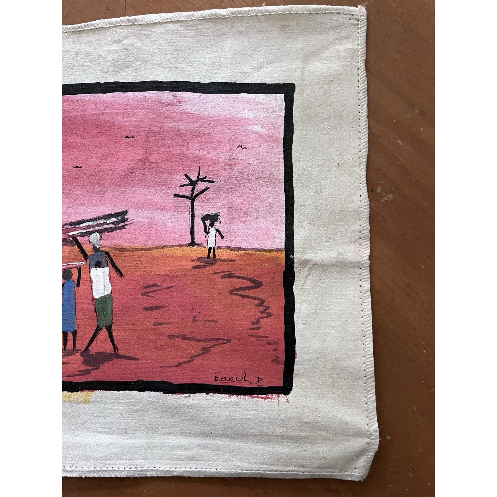 African Influenced Canvas Tapestry Tribal Artwork Sunset Stylized Figures Signed