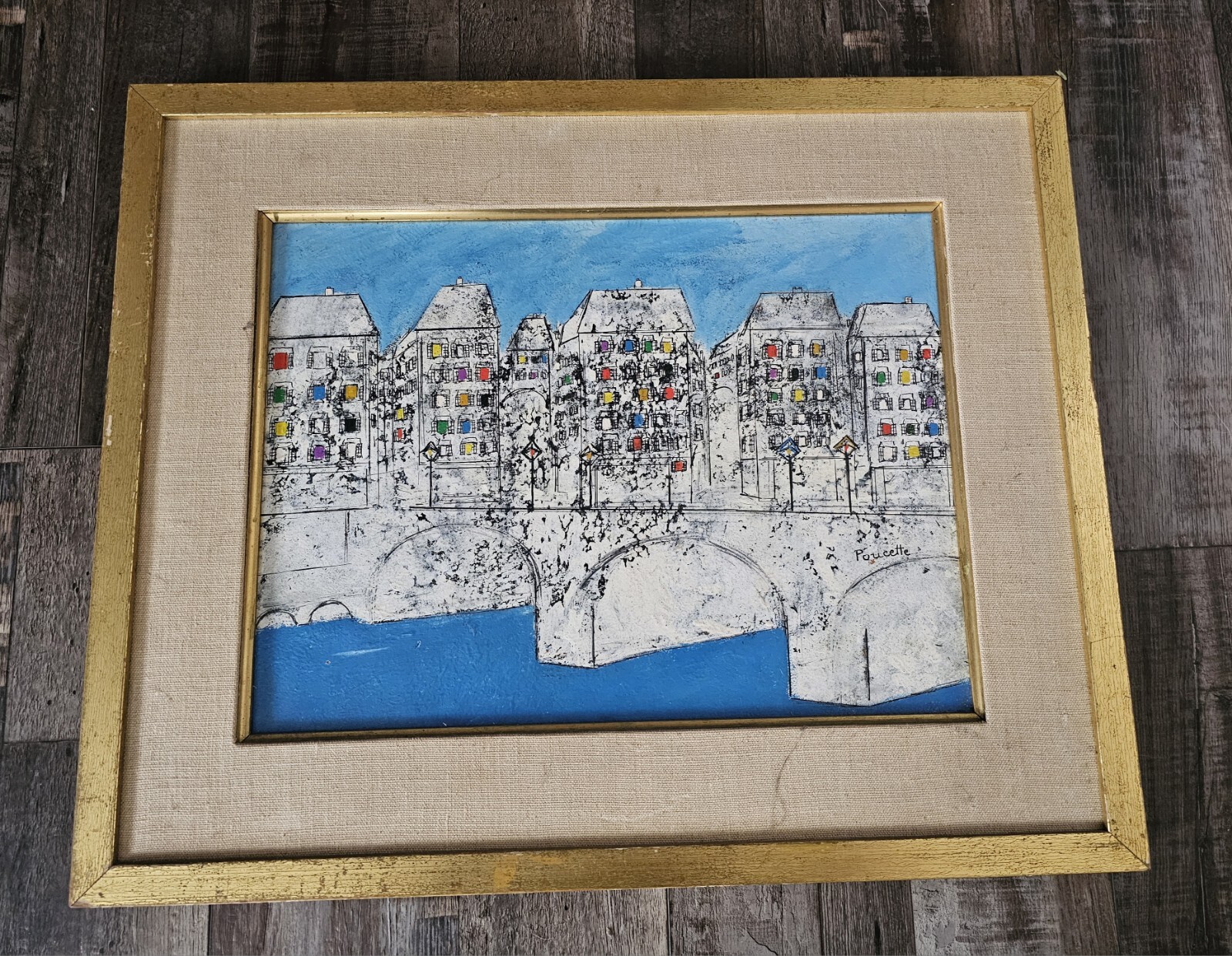 Vintage French Oil Painting signed Nicola Ortis Poucette 1960s Buildings River