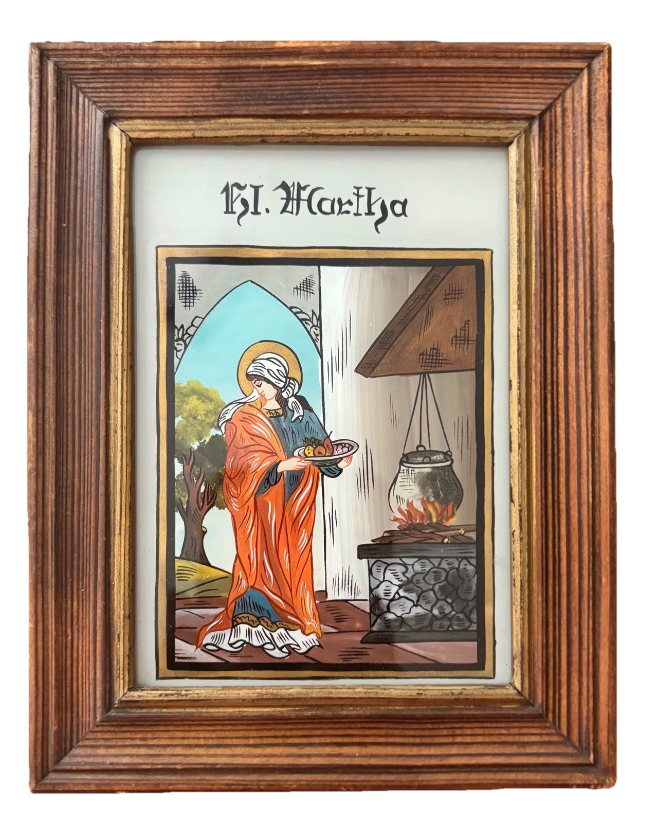 VTG German Austrian Bavarian Reverse Glass Folk Art Painting St Martha SEE PICS