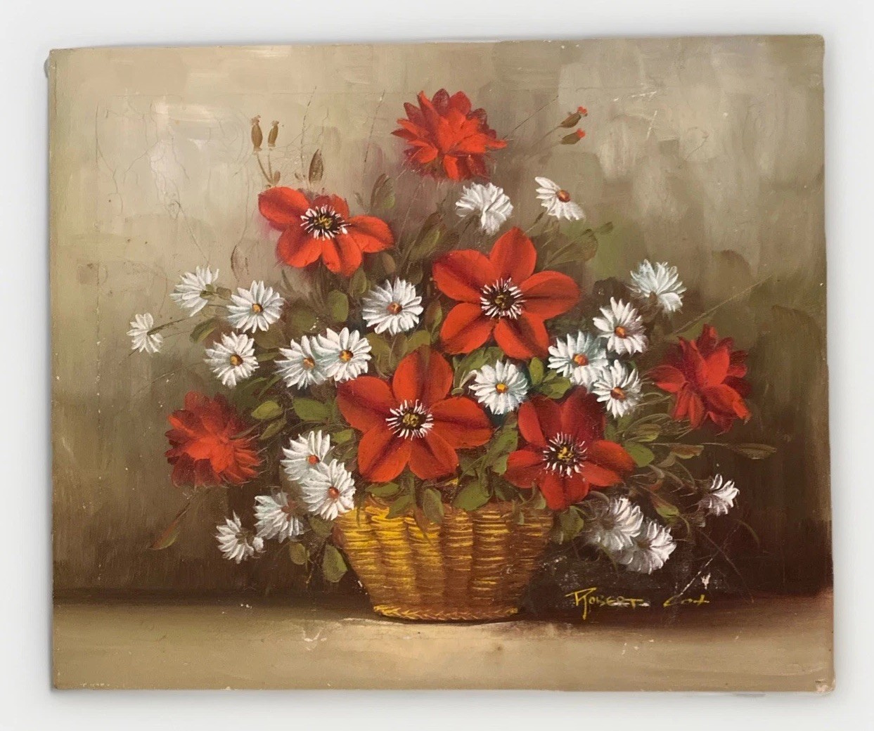 Vtg Signed Robert Cox Oil on Canvas Red Floral Daisies Still Life 24” X 20”