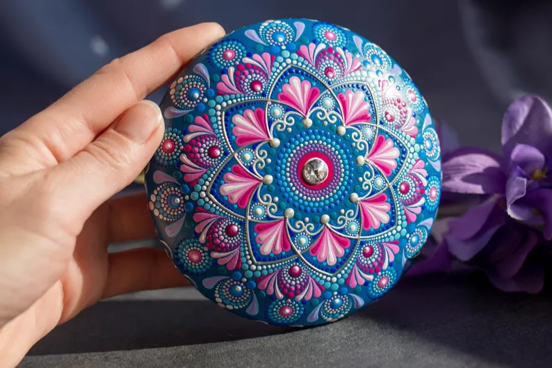 Hand Painted Mandala Stone, Rock Art Mandala Painting, Paper Weight, Dot Art