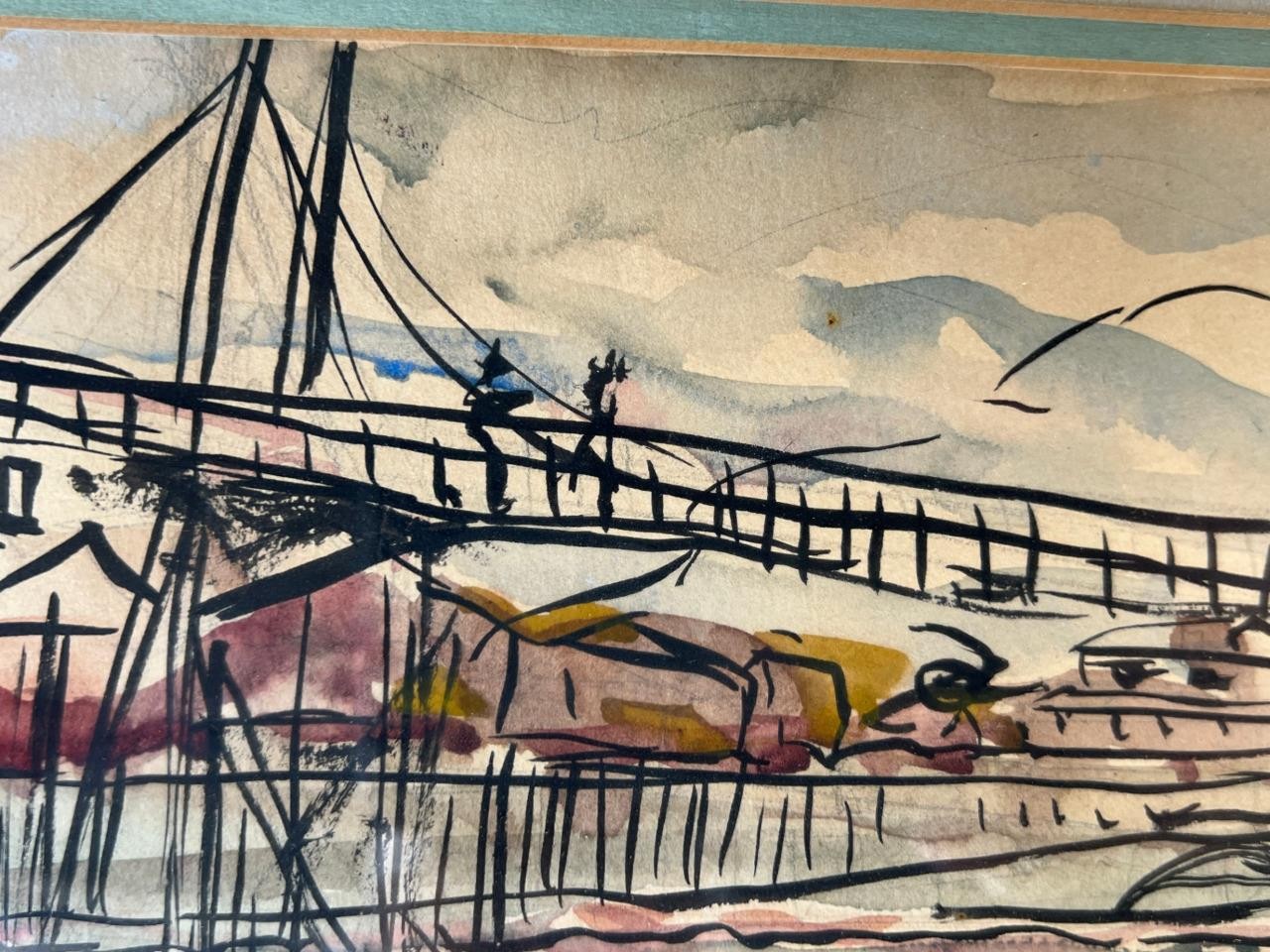 Vintage American Expressionism Watercolor Architecture Bridge Drawing Painting