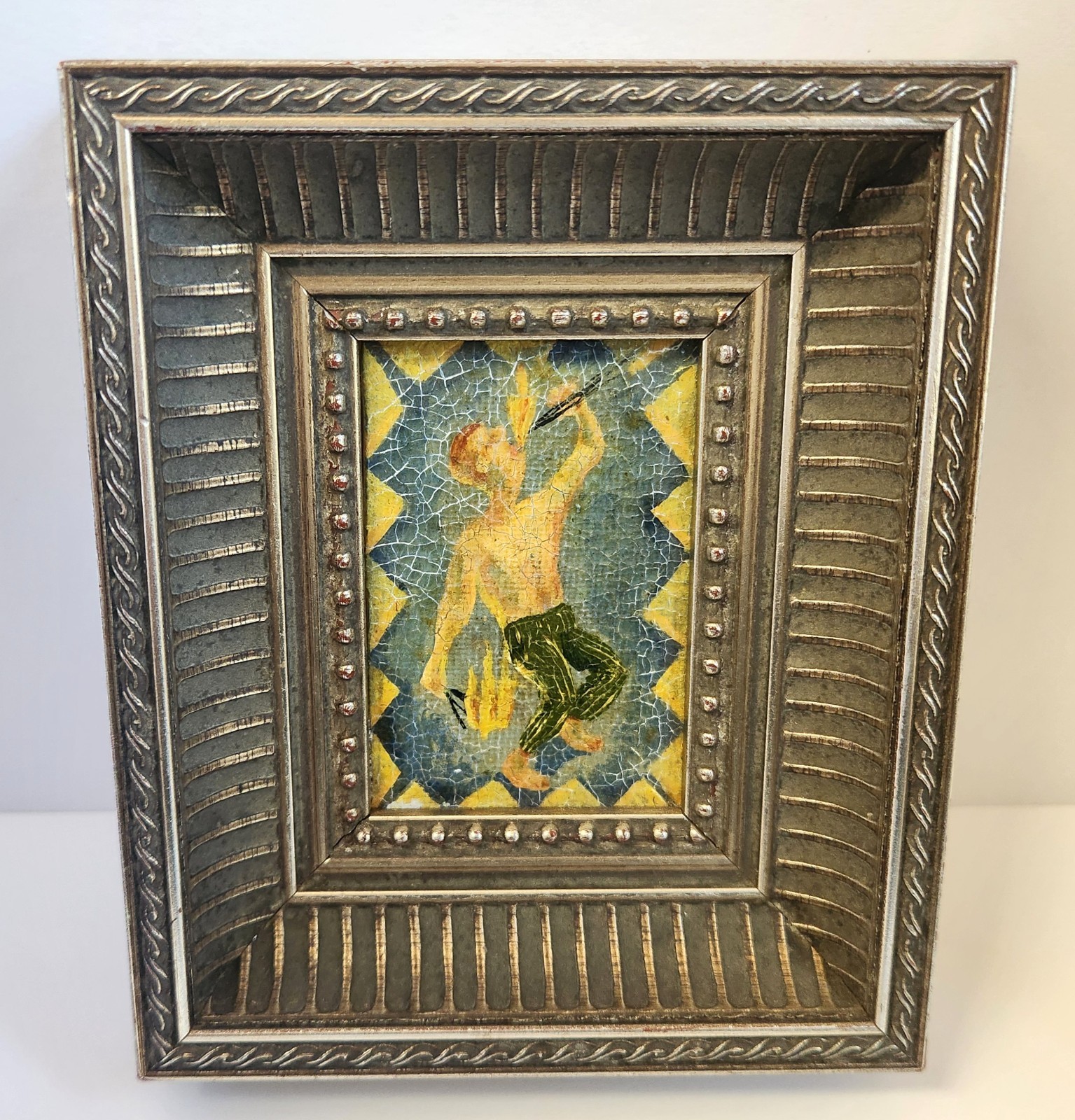 PIKE POWERS Oil On Canvas Art FLAME THROWER 1994 Signed Frame 4-7/8 X 5-13/16