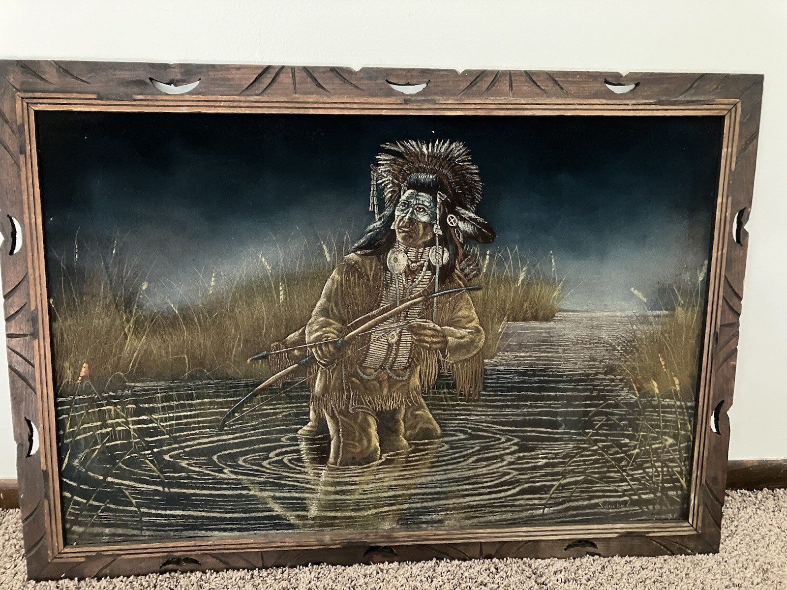 Ernesto Sanchez Painting Native American Warrior Acrylic On Velvet