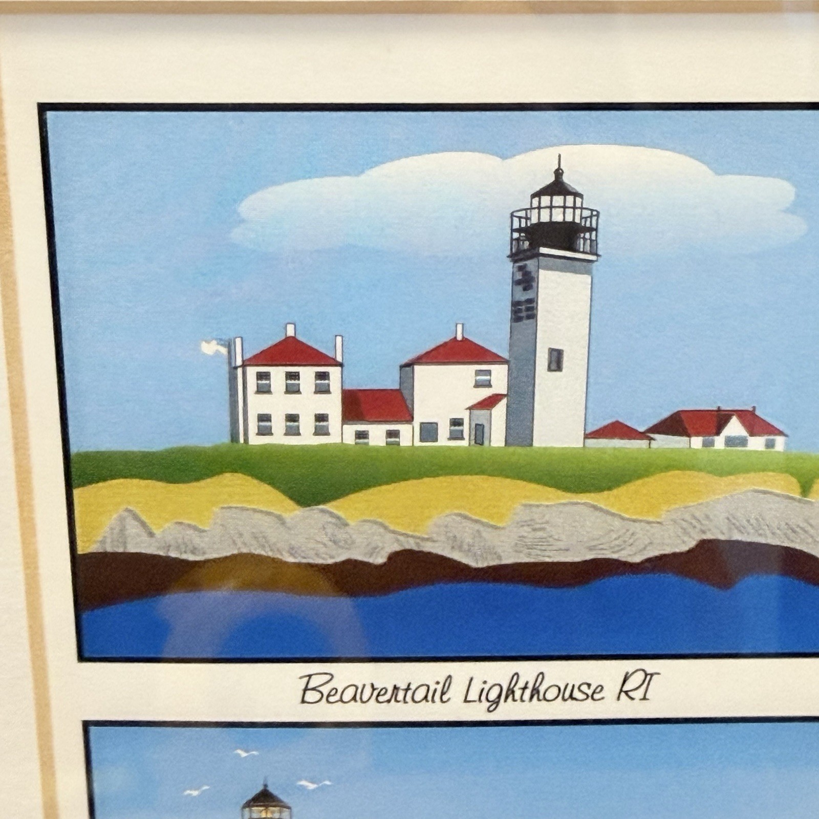 VTG Lighthouse Print Signed Coastal New England Art Watch Hill Beavertail RI MA