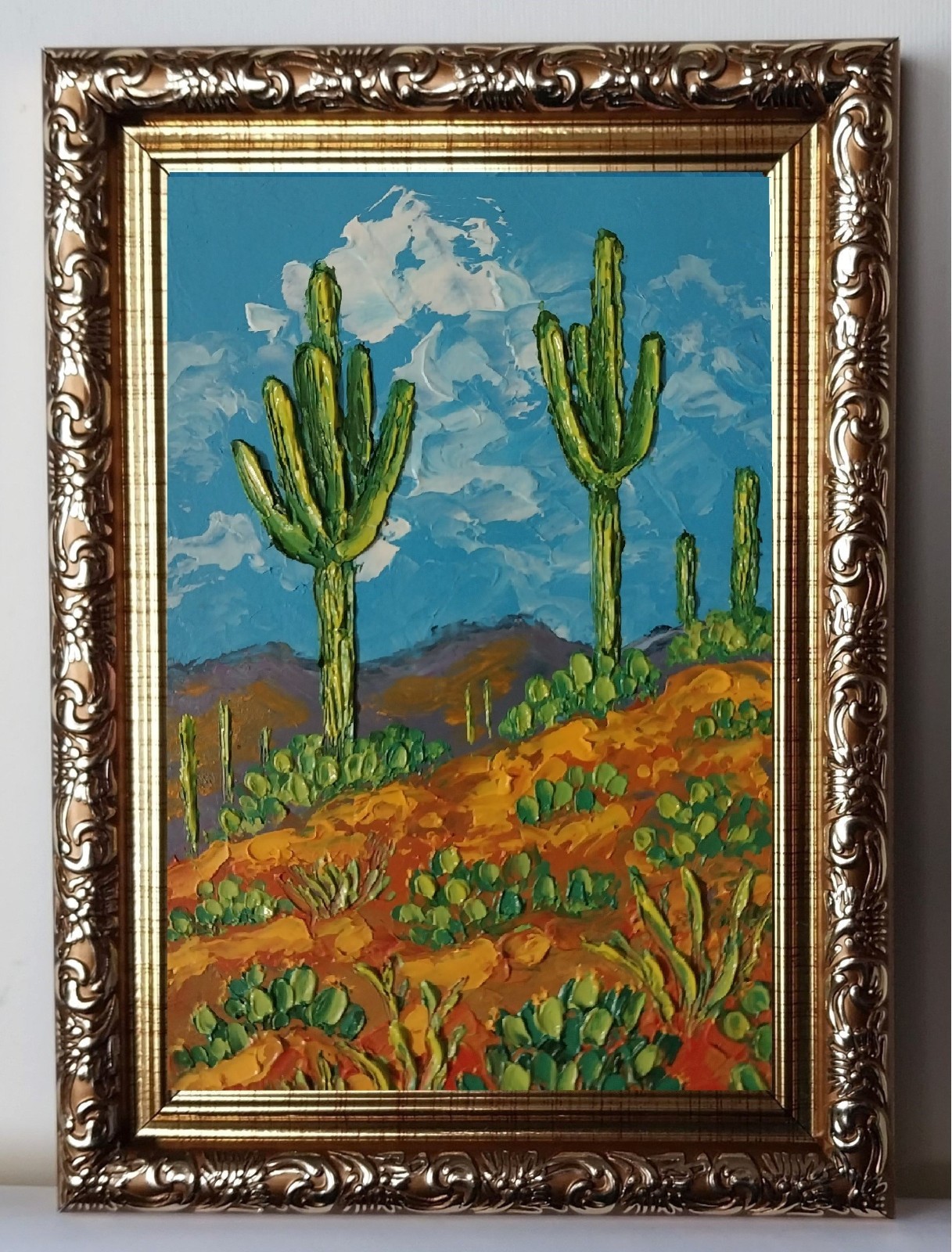 Framed Arizona Landscape Saguaro Cacti Desert Mountain 4×6 Oil Painting Original