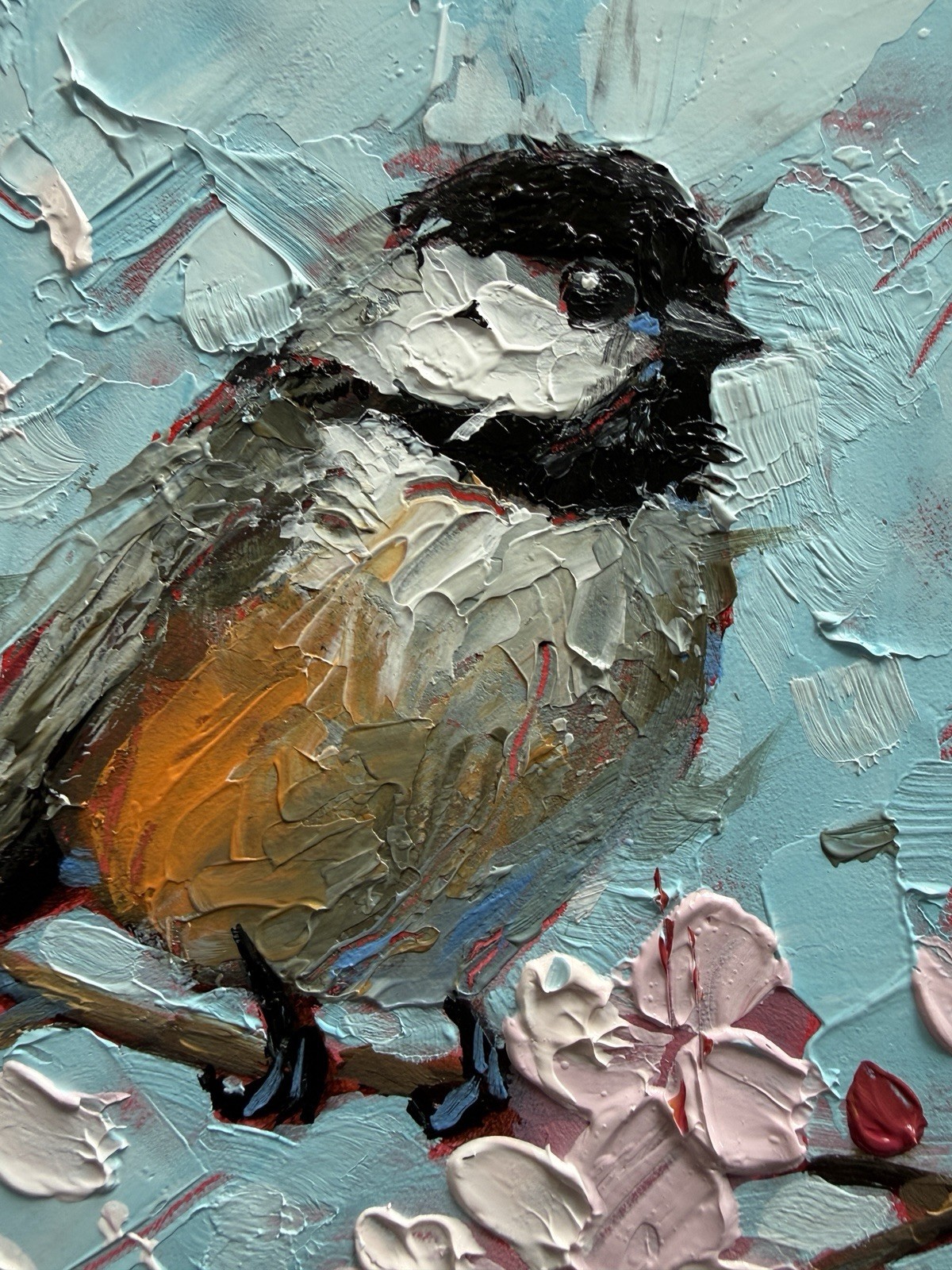 Chickadee Blossoms bird Original Painting On Panel 6 X 6 IN Art Krista Eaton