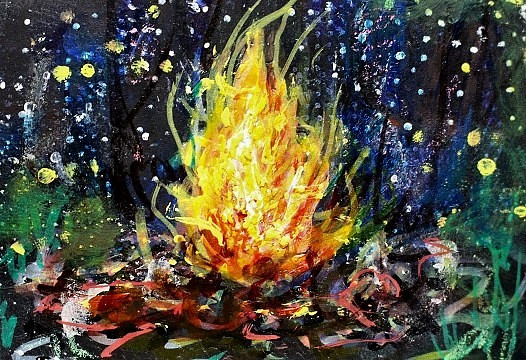 ORIGINAL ACEO Painting CAMPFIRE Night Fire TREES Woods Bonfire Camping ATC ART
