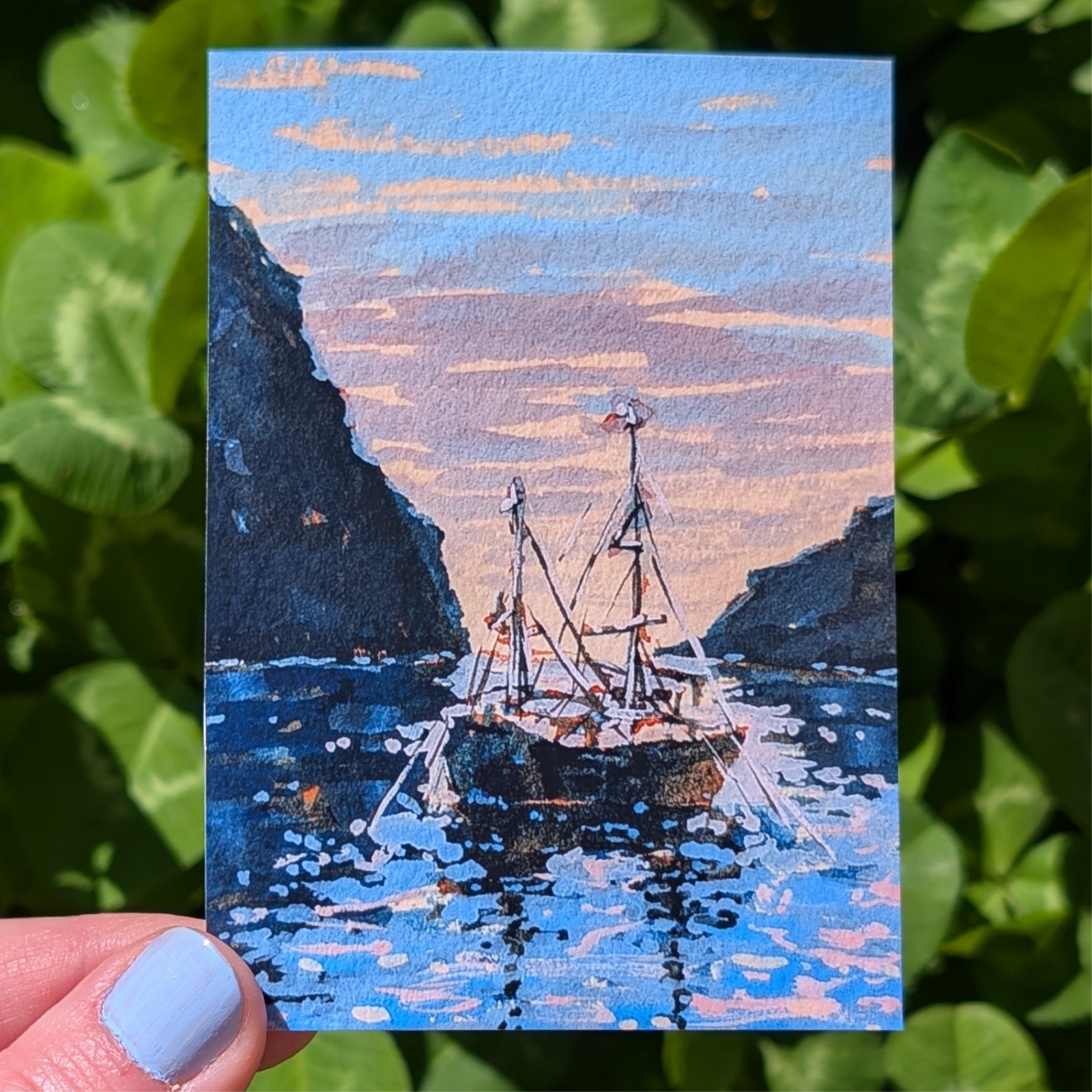 ACEO Print, Pirate Ship Nautical Dawn Fantasy Sunrise Seascape, 2.5″ x 3.5″
