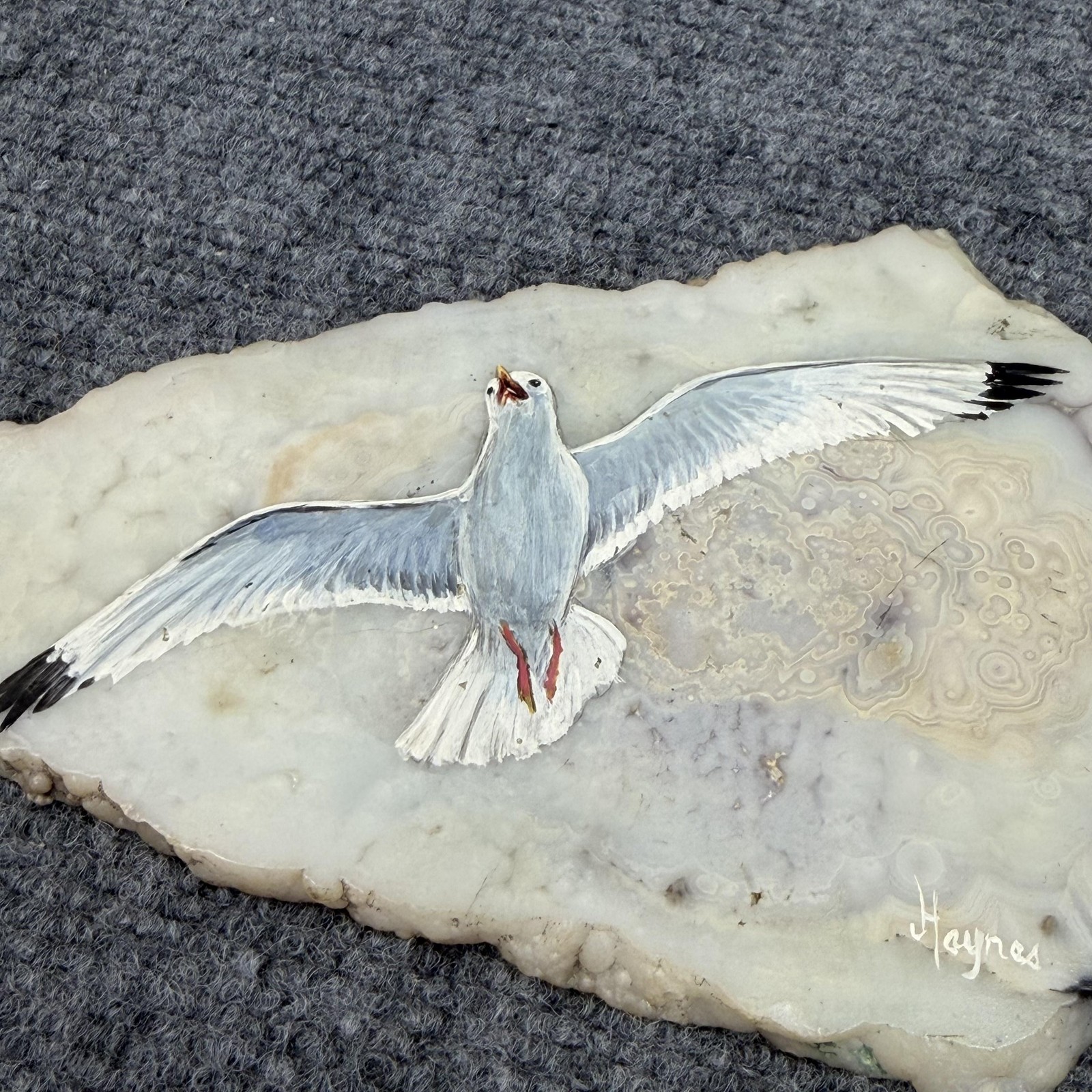 Haynes White Gray Acrylic Seagull Painting On Agate Slice OOAK Signed Beach