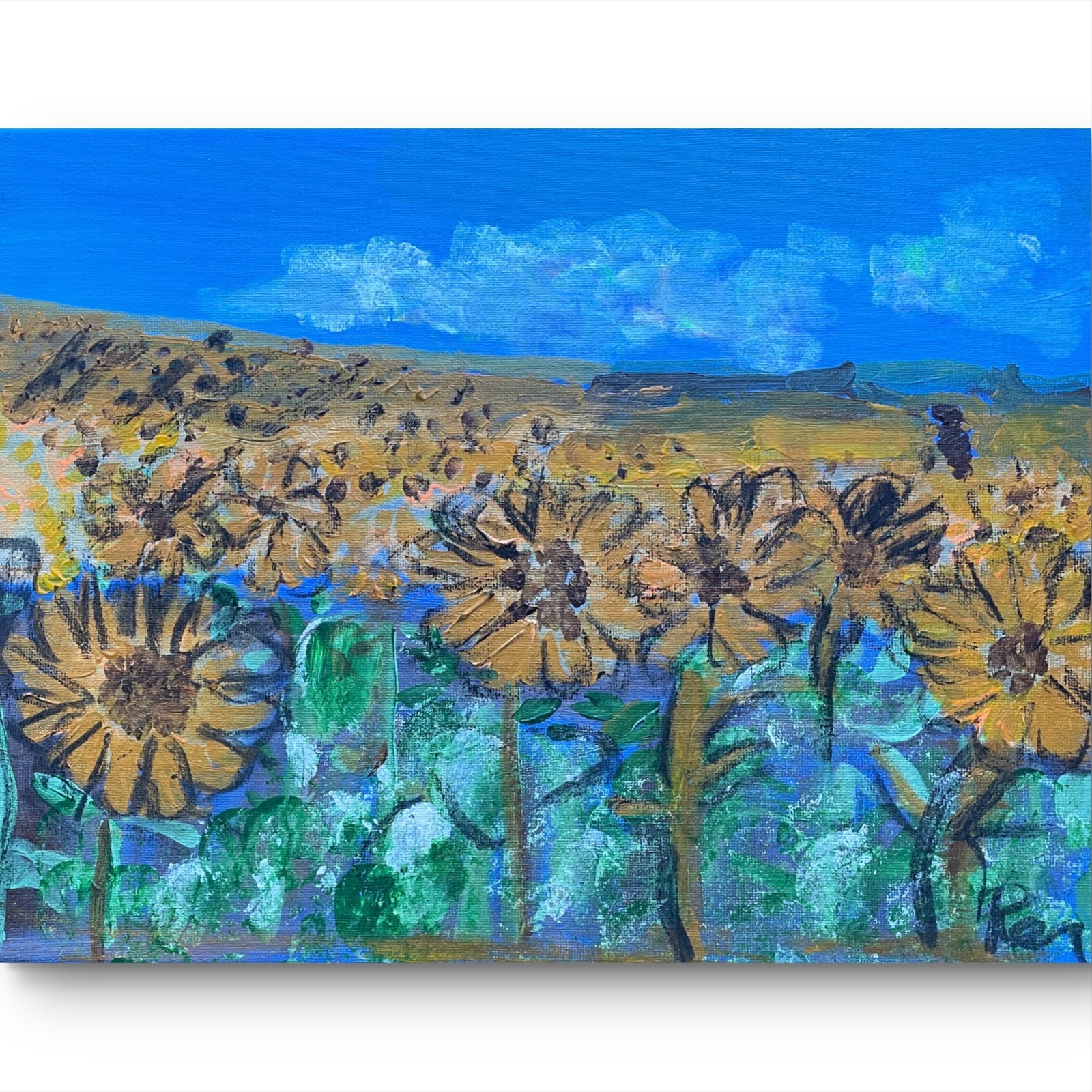 Sun Flower Field Calm Art 11 X 14″ Acrylic Charcoal Paint Canvas Faces