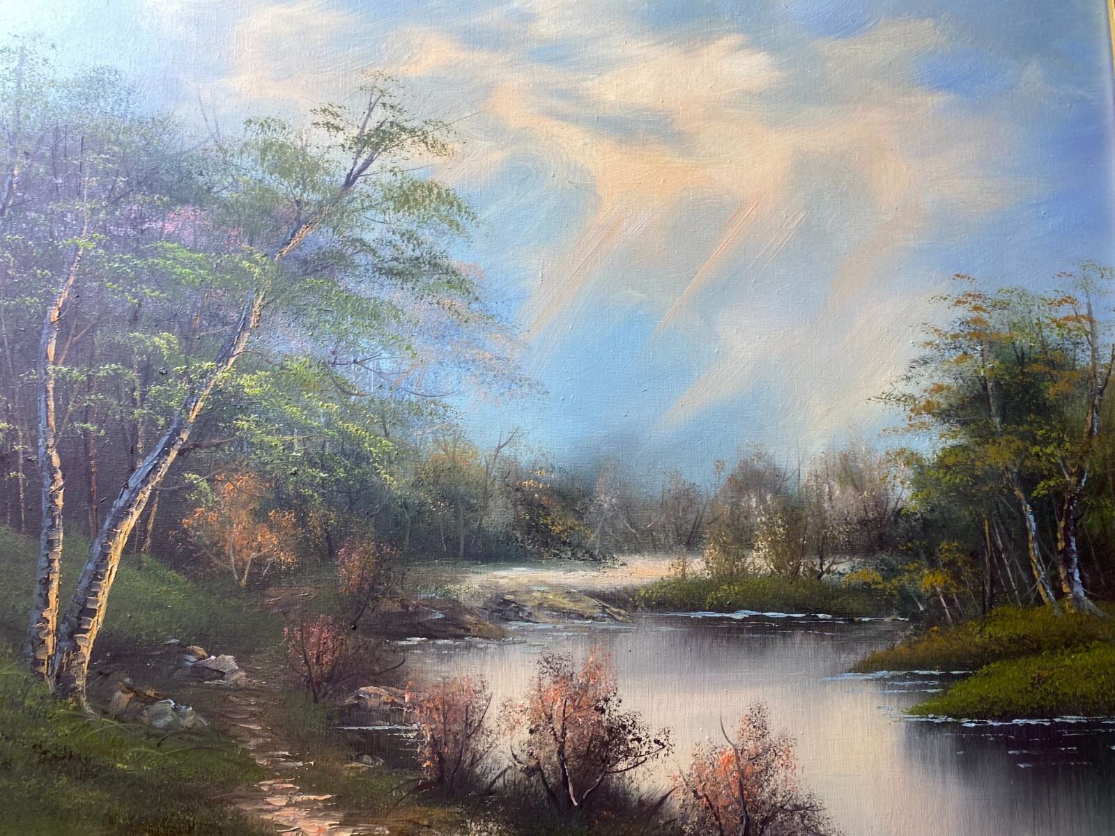 «River And Forest Landscape Scene» Oil On Canvas Painting – Framed