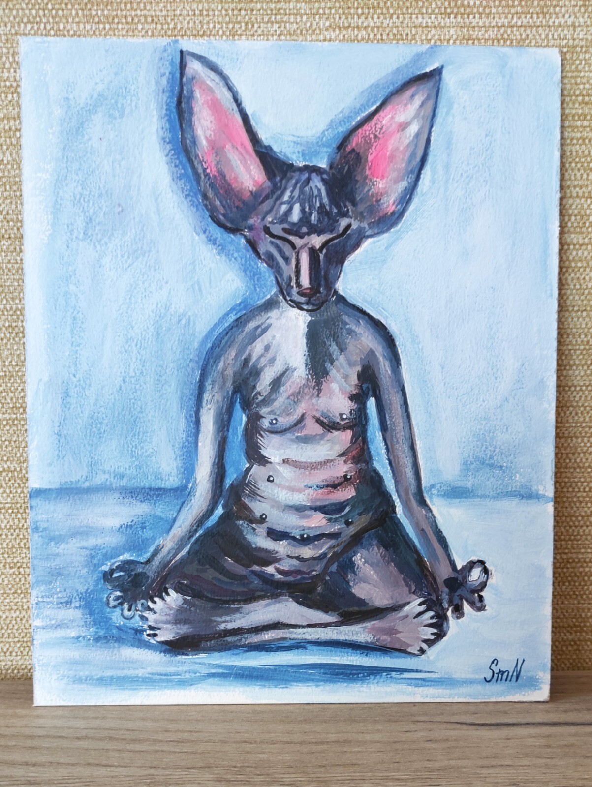 Original Art Meditation Cat Portrait Relax Pet Outsider Painting Kitten Zen